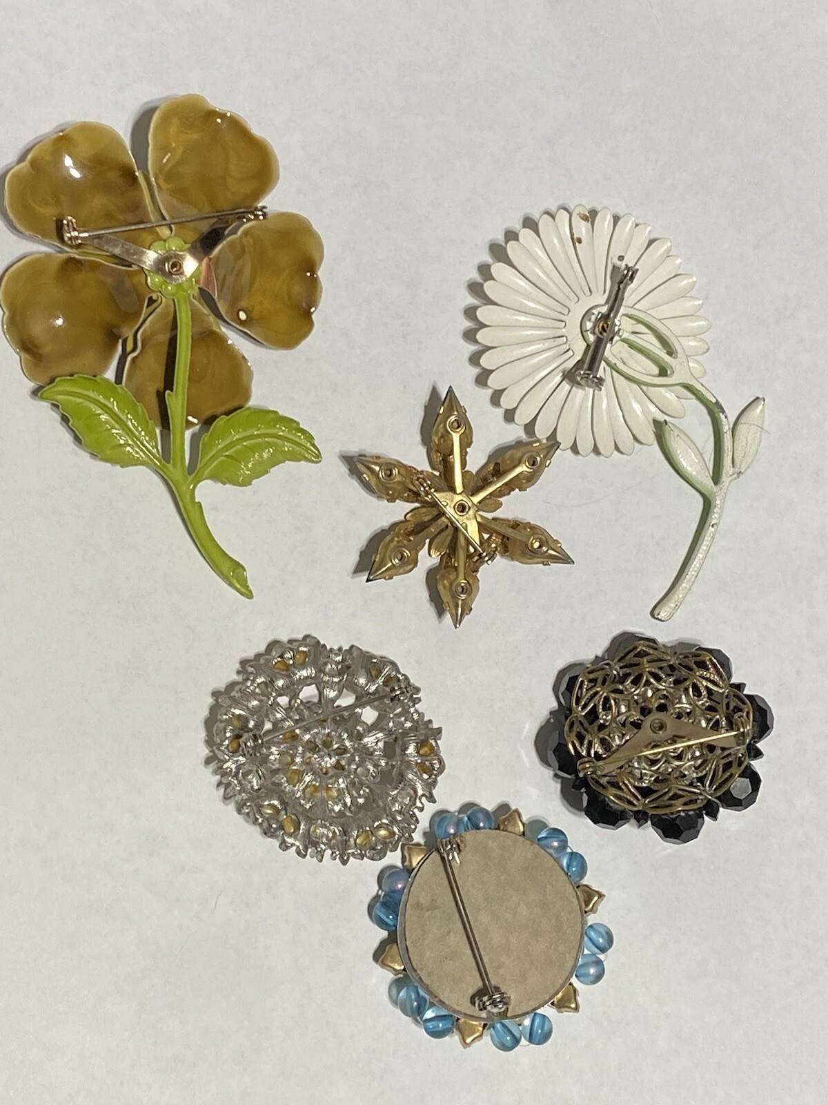 6 Vtg Mod Retro Brooch Metal Enamel Daisy Brown Flower & Rhinestone Brooches MCM