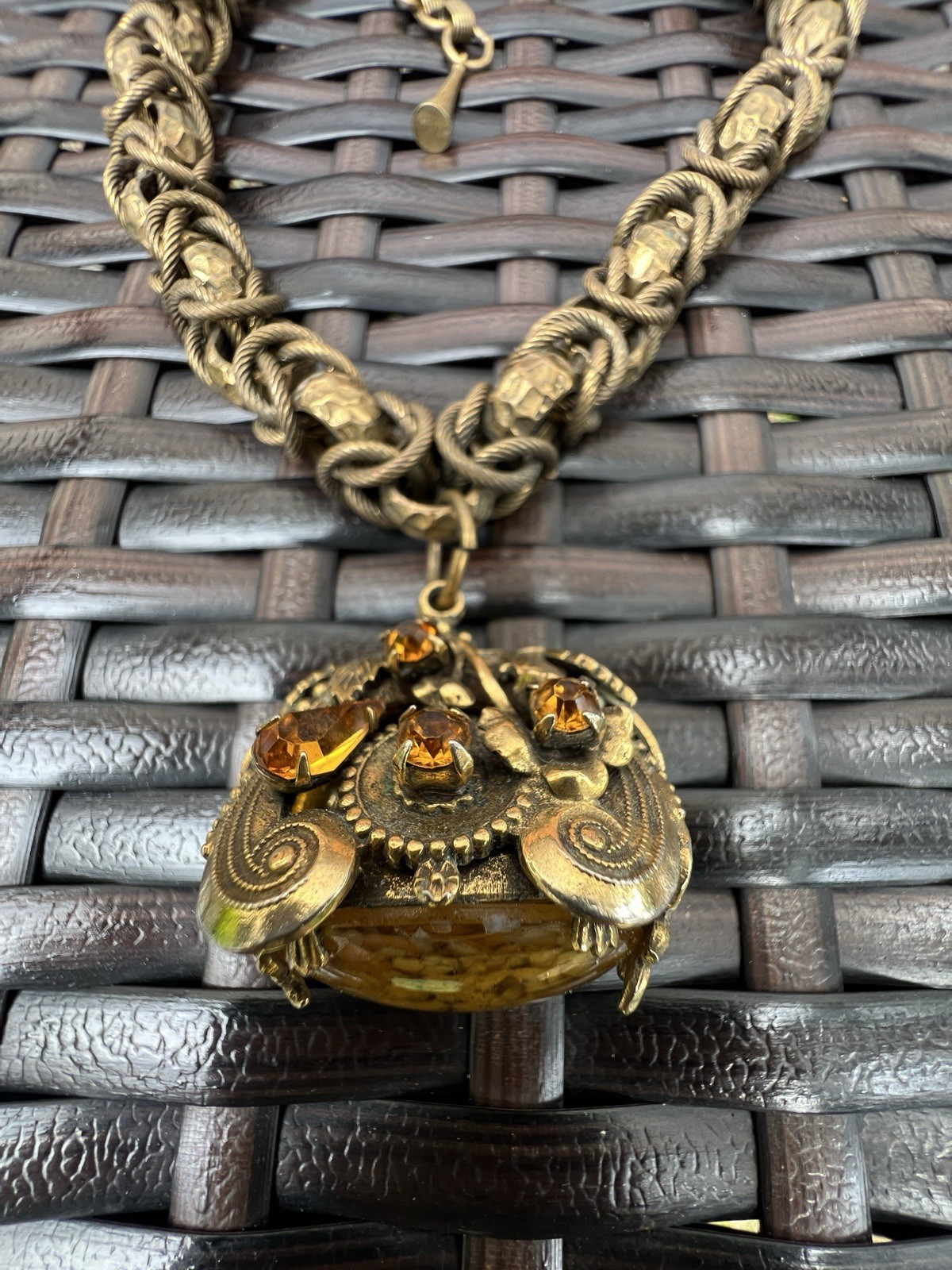 VTG HENKEL & GROSSE Victorian Revival Rhinestone & Art Glass Fob Necklace RUNWAY