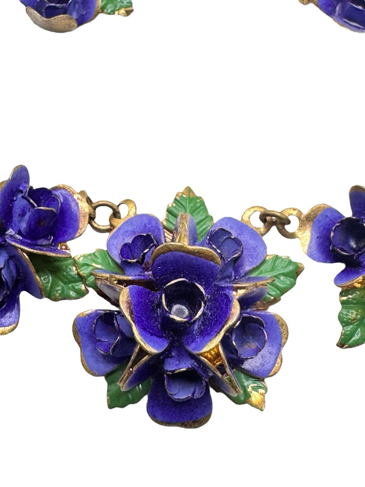 Vintage Enamel Pansy Violet Flower Necklace Earrings Set Suffragate Era