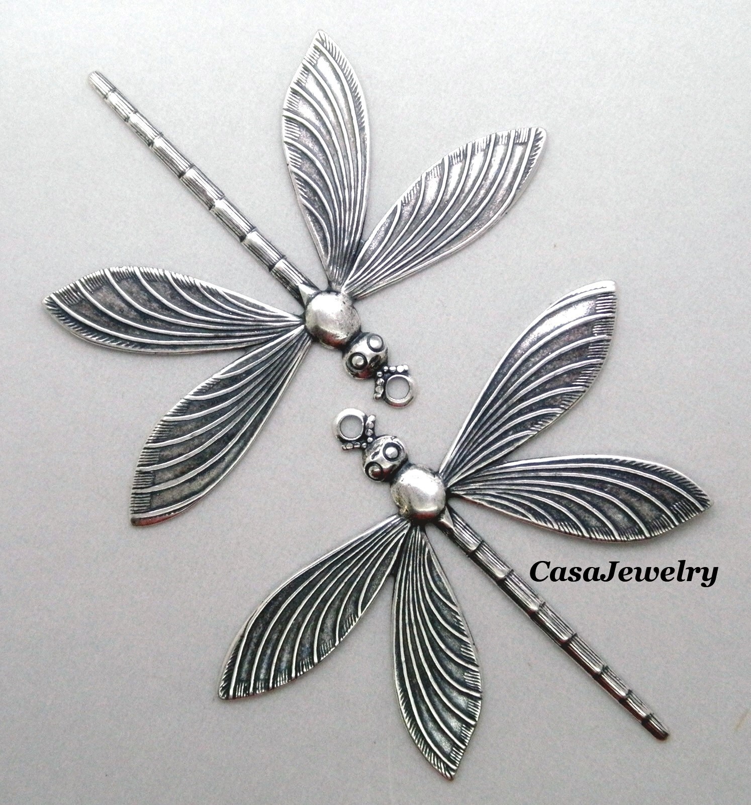 #4103 LARGE ANTIQUED STERLING SILVER PLATED DRAGONFLY W/TOP HANG RING – 1 Pc