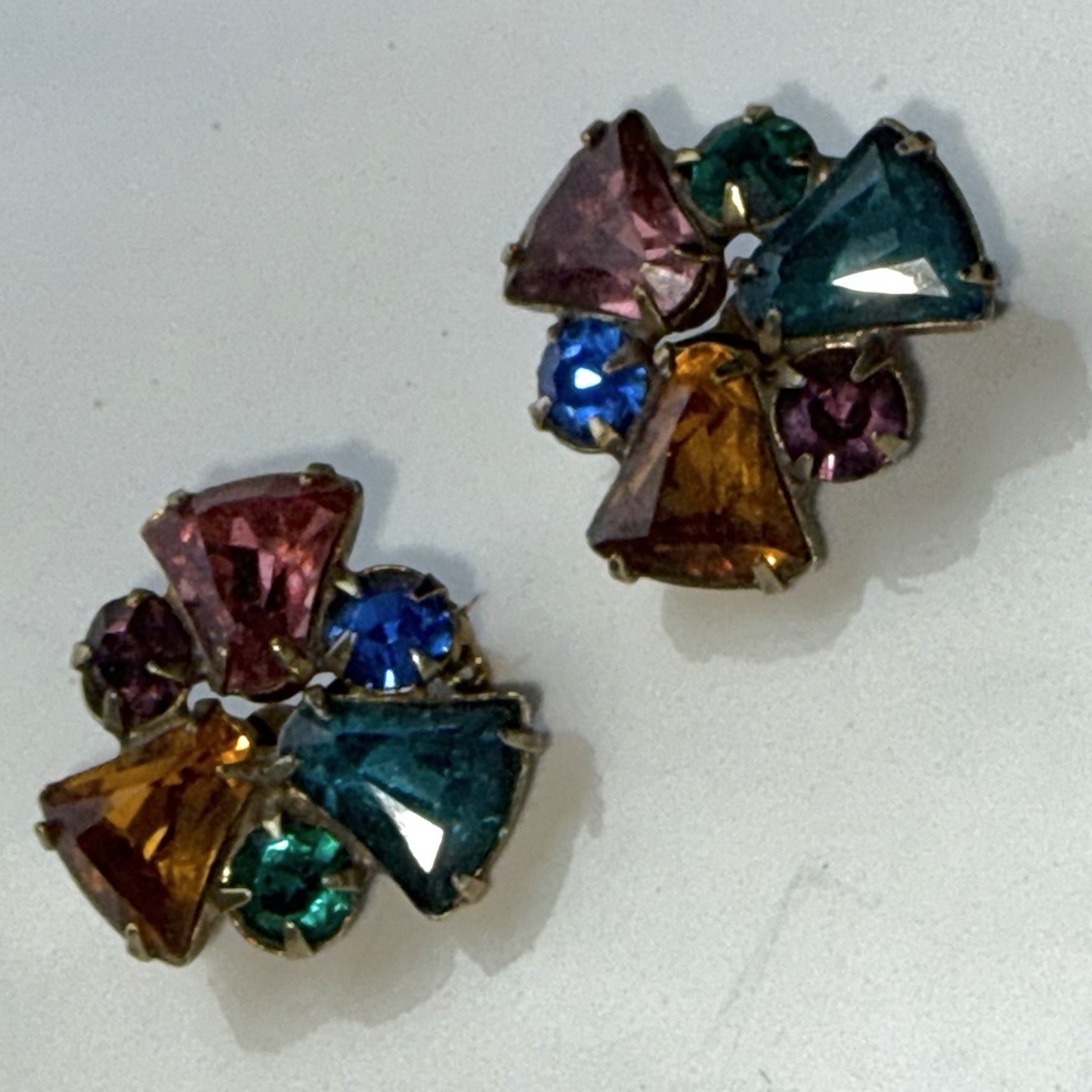 Vintage Rhinestone Scatter Collar Brooch / Pin Pair Multicolor Stones Gold Tone