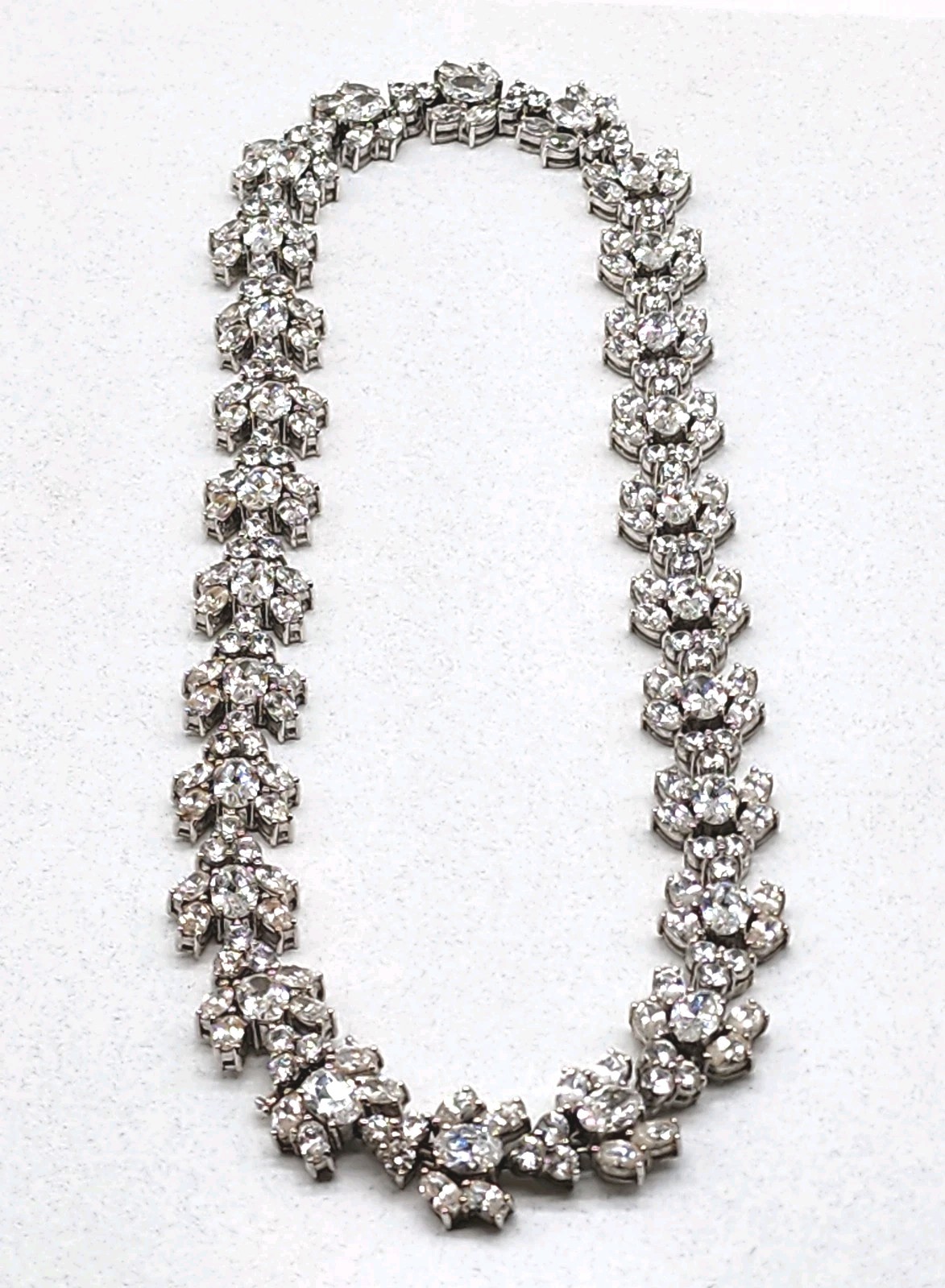 VTG Art Deco Silver prong Rhinestone Floral Cluster Collar Designer Necklace