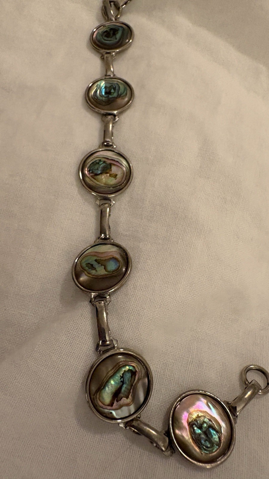 Vintage Hoffman Abalone Shell Link Bracelet Iridescent Paua Silver Tone 7.78”