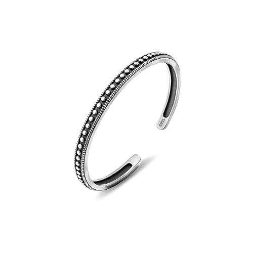 Vintage Silver Cuff Bangle Bracelet – Adjustable Open Design, Carved Dot, Boho J