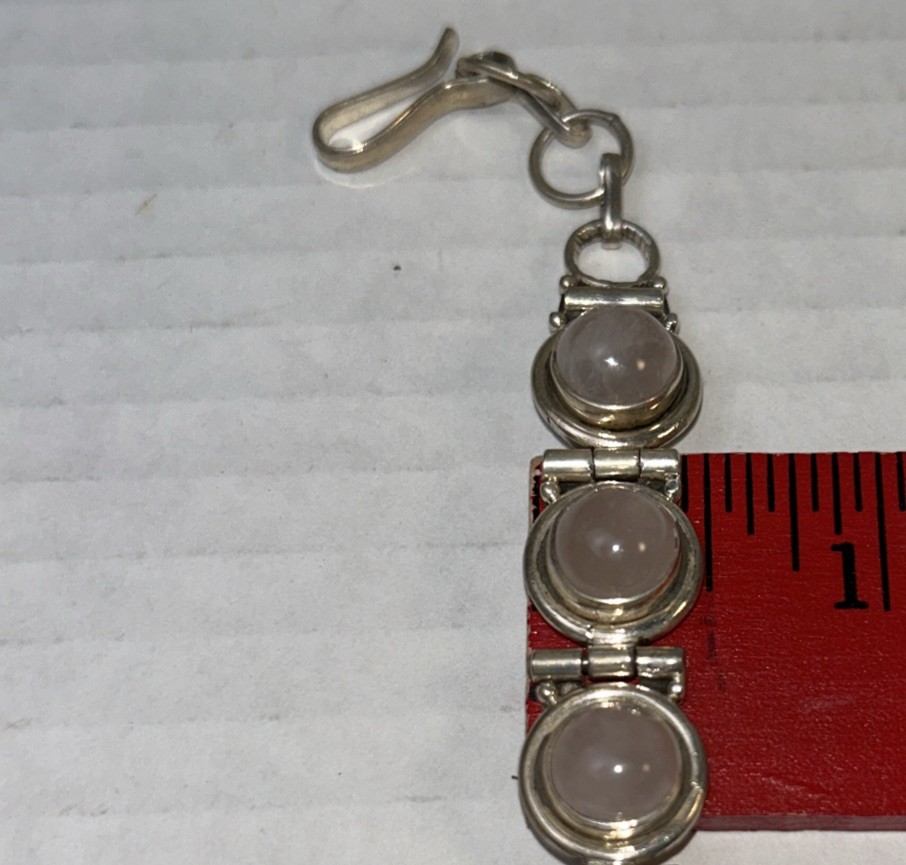Vintage 925 Silver Rose Quartz Bracelet Cabochon Stone Hook Closure 7”