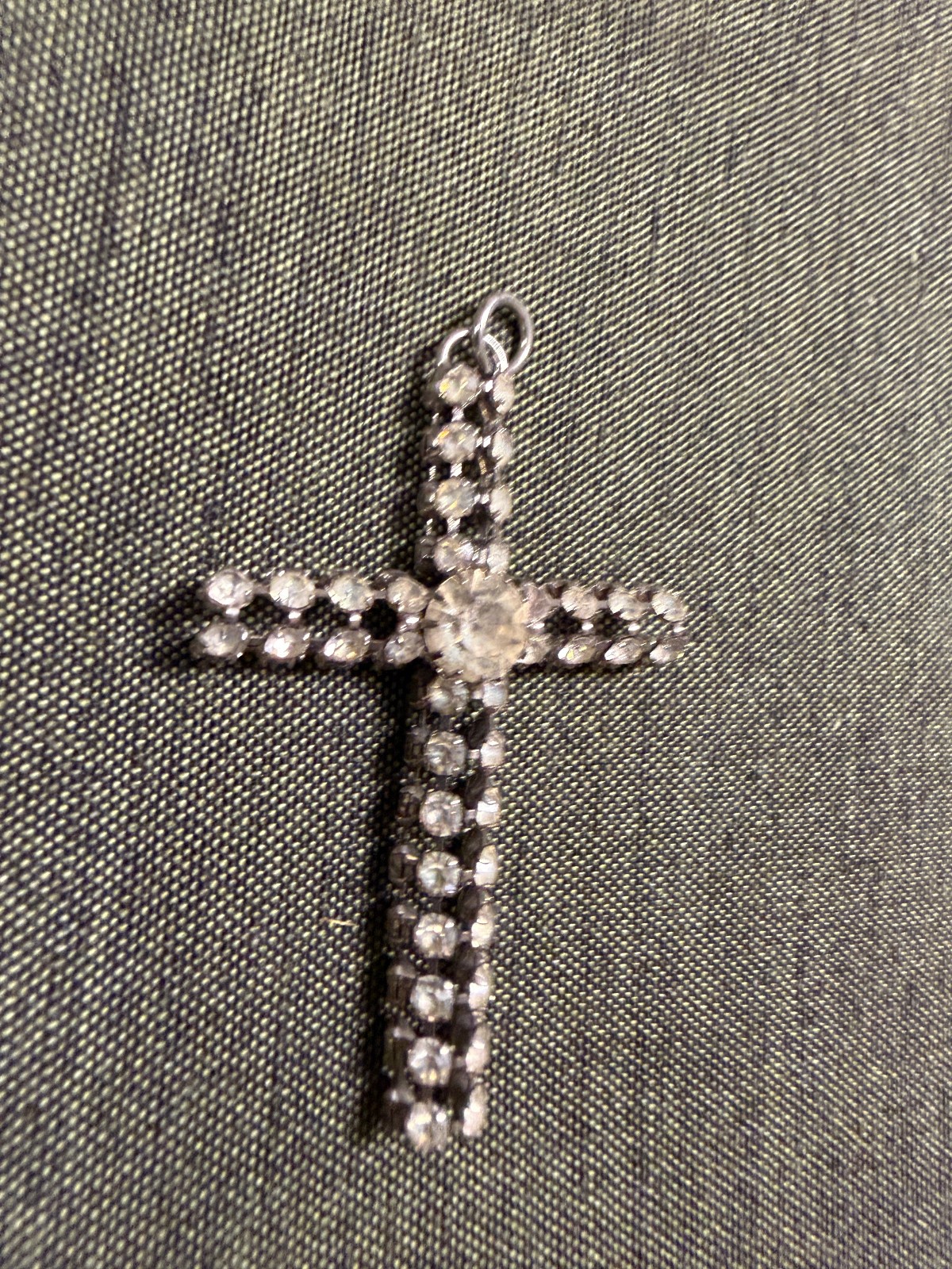 Vintage Metal and White Gem Stone 2″ Cross Pendant Silver Tone