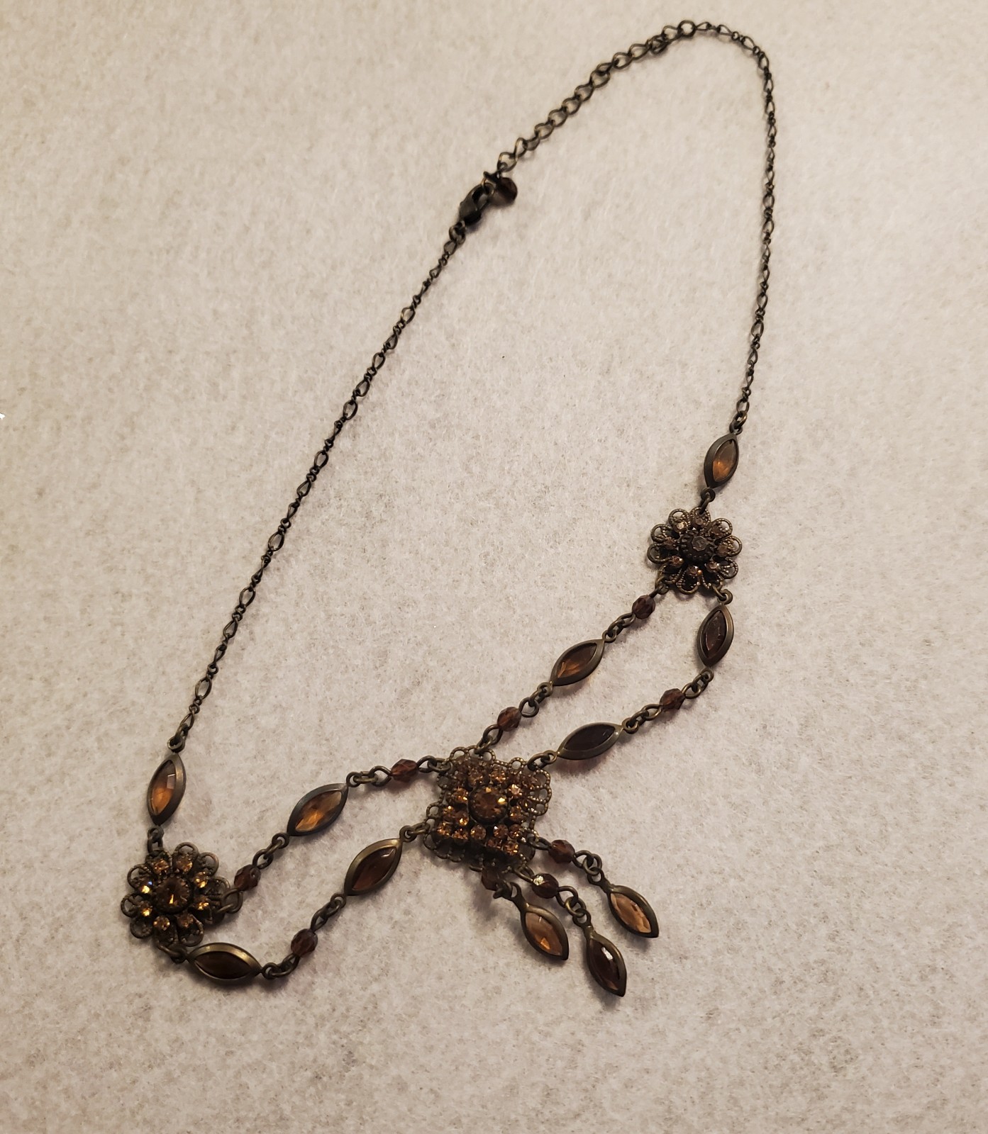 Vintage Filigree Necklace With Brown Topaz and Citrine Rhinestones