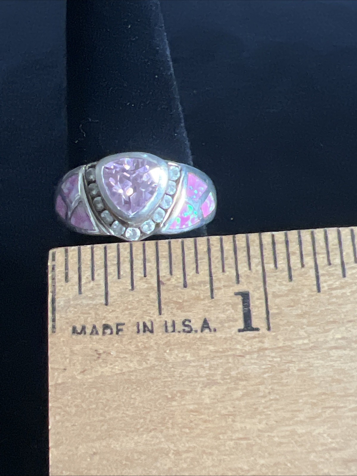 Stunning 925 Sterling Silver Pink Trillion Cut Ring with Inlay & Accents