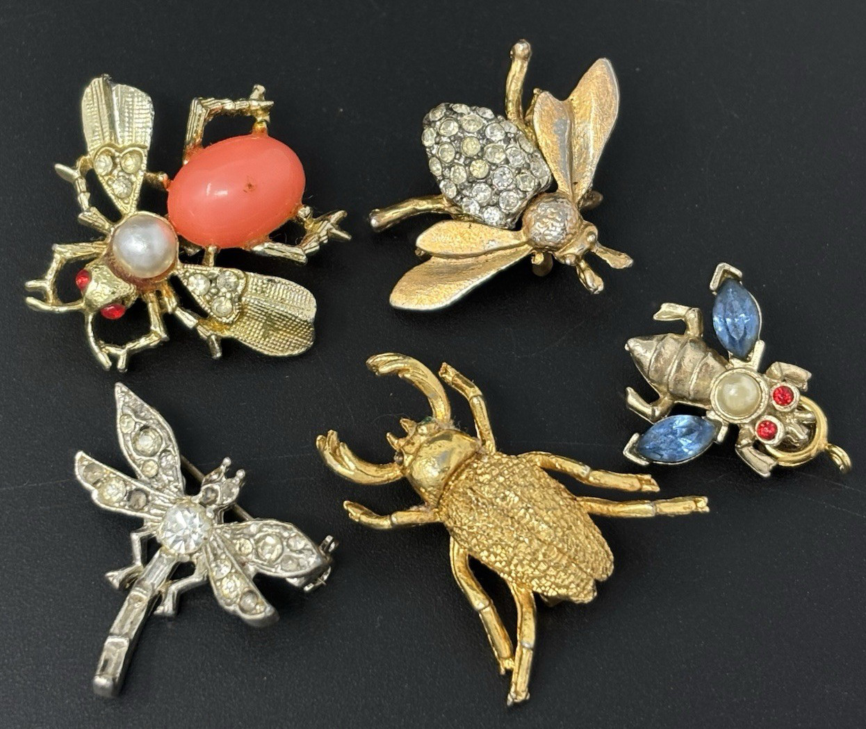 Vintage Estate Mixed Bug Insect Scatter Pin Brooch Lot Figural Rhinestone