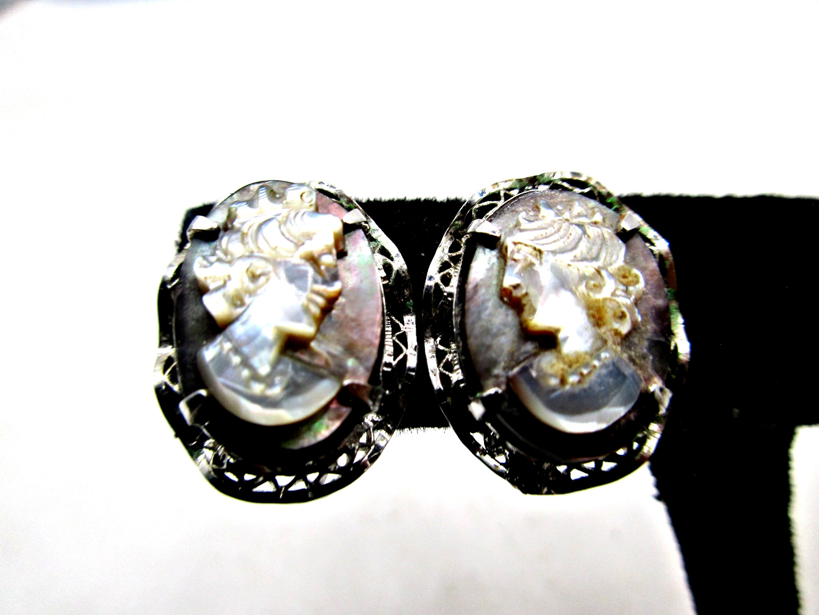 Vintage 1950’s Signed Sorrento AC Sterling Silver Carved Cameo Screw Bk Earrings