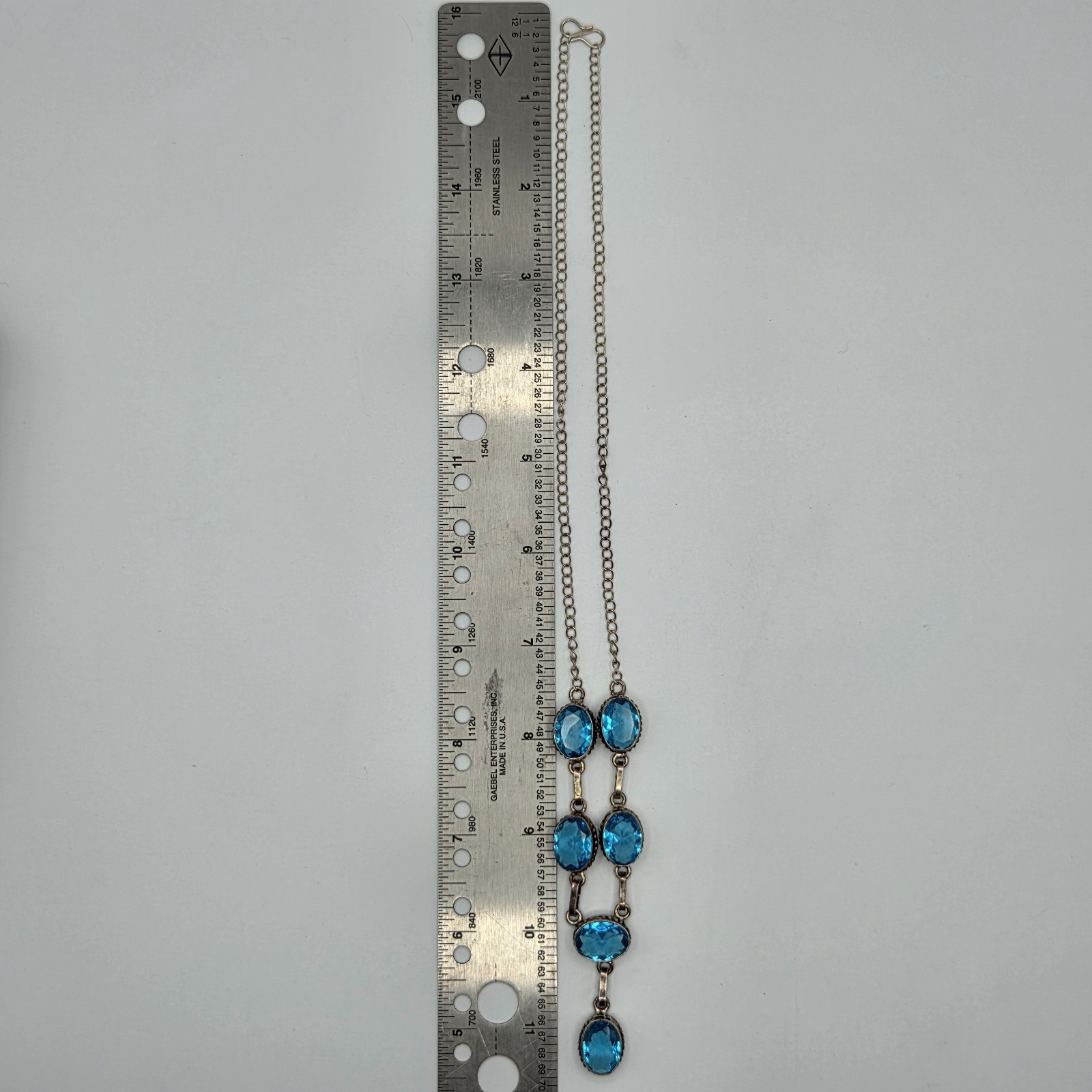 Stunning Vtg 925 Sterling Silver Blue Glass Festoon Y-Necklace 20″+ 1.5″ Drop