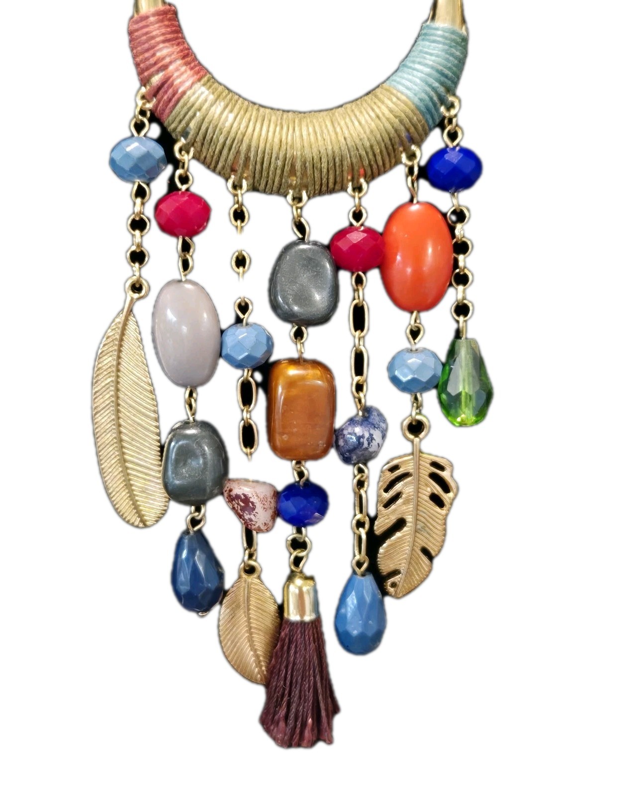 VTG 18″ Boho Necklace Statement Tribal Design Multicolor Beads Feather Tassel