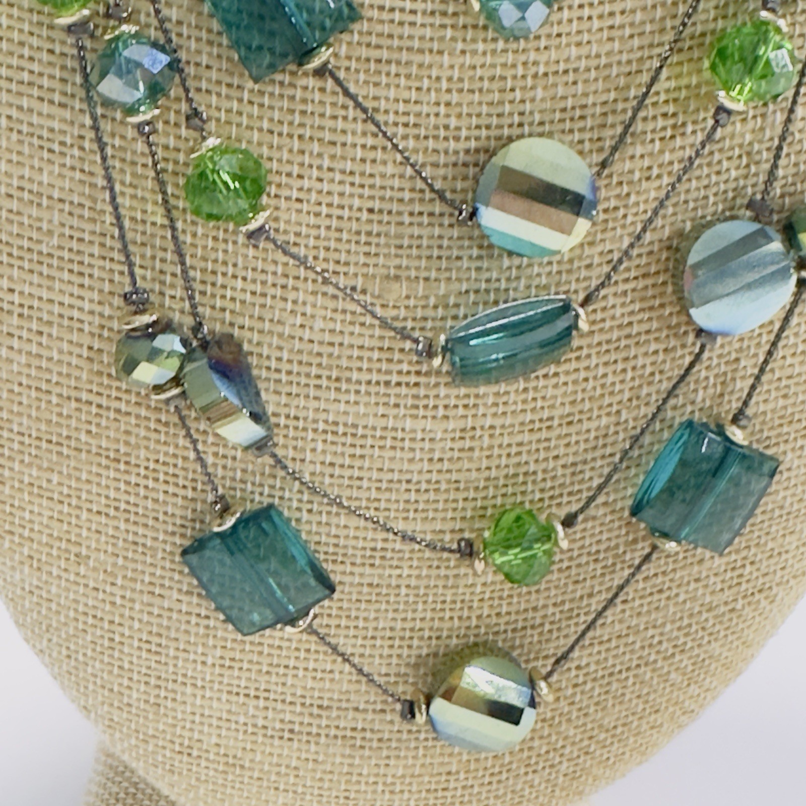 5 Strand Necklace Green Acrylic Glass Beads Black Wire Like Chain 11″ Faceted