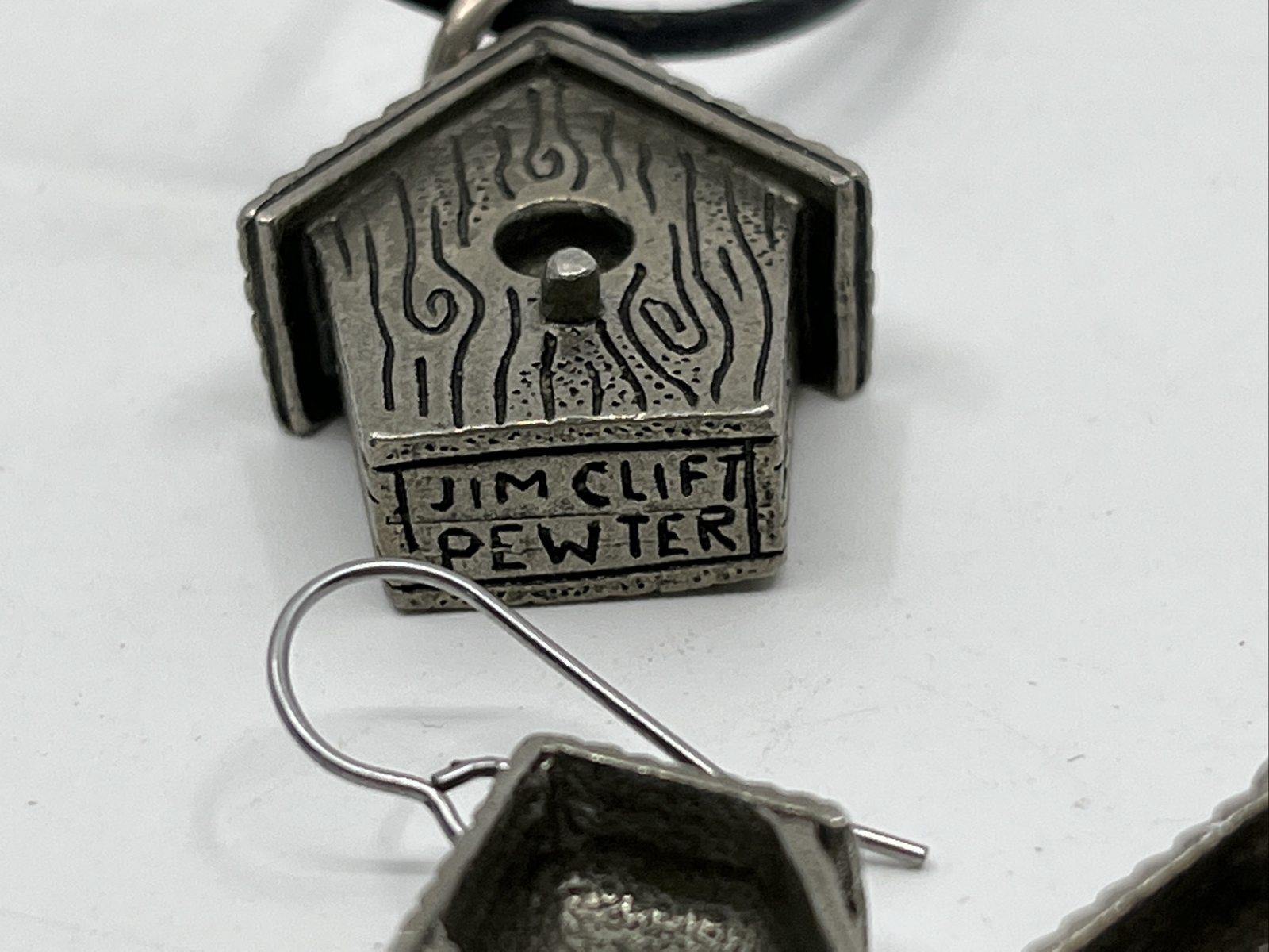 Vintage Estate Jim Clift Pewter Birdhouse Pendant & Pierced Earrings Set