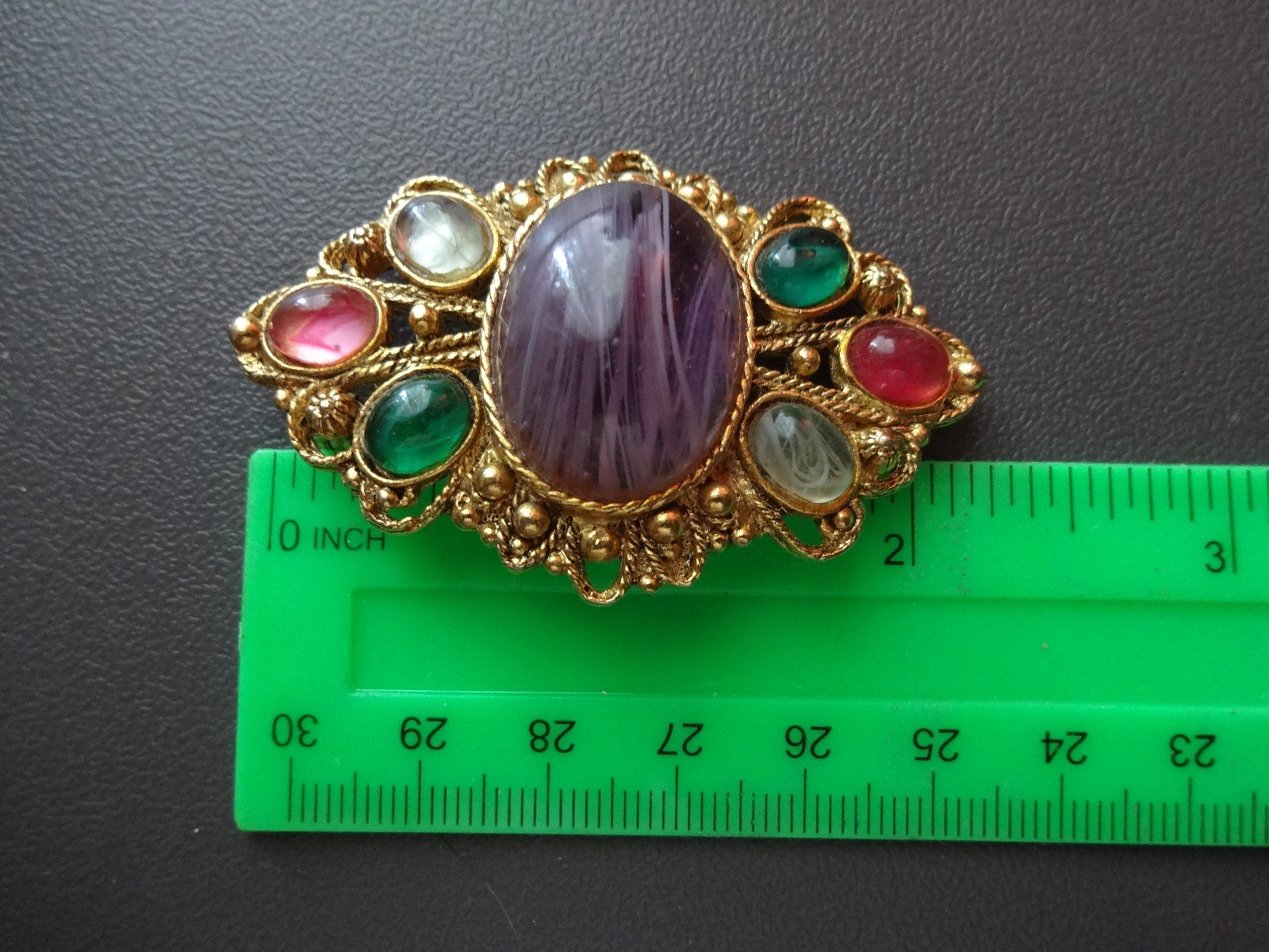 Vtg Gripoix Poured Slag Glass Mogul Multicolor Rhyinestone Jeweled Brooch