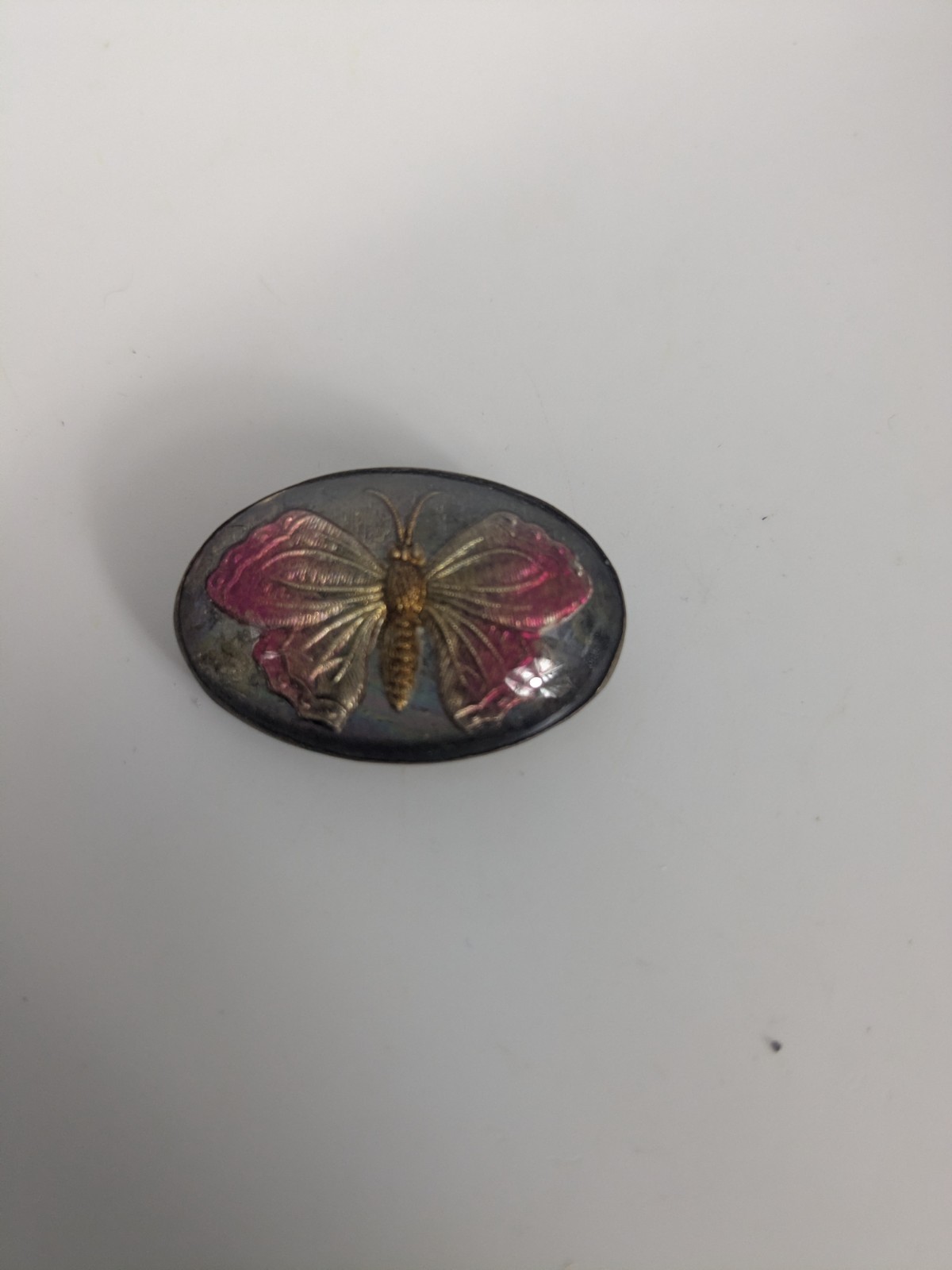 Vintage Domed Glass Butterfly Brooch Brass Base Reverse Painted Goofus Glass