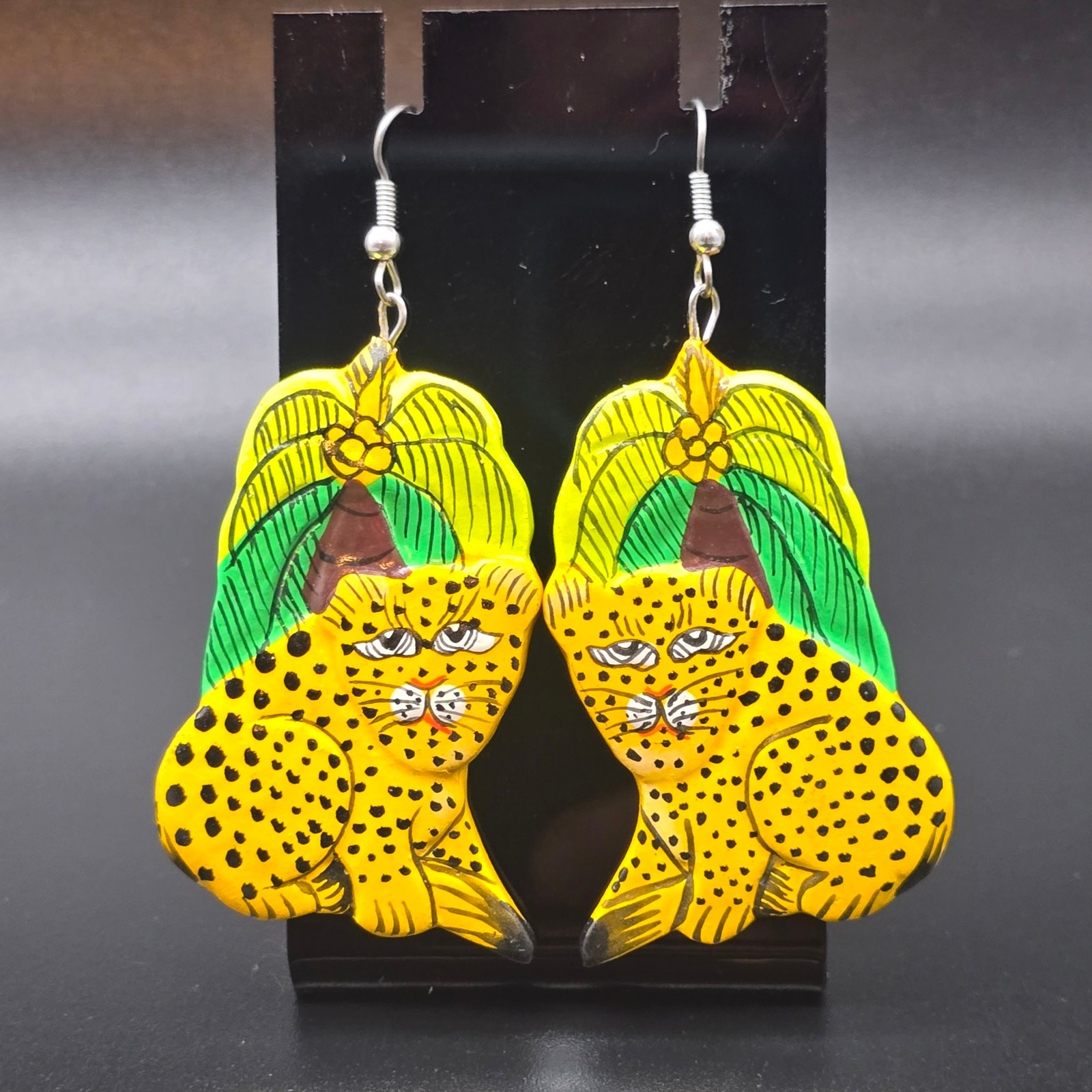 Hand Painted Wood Leopard Cheetah Earrings Safari Vintage 1980s