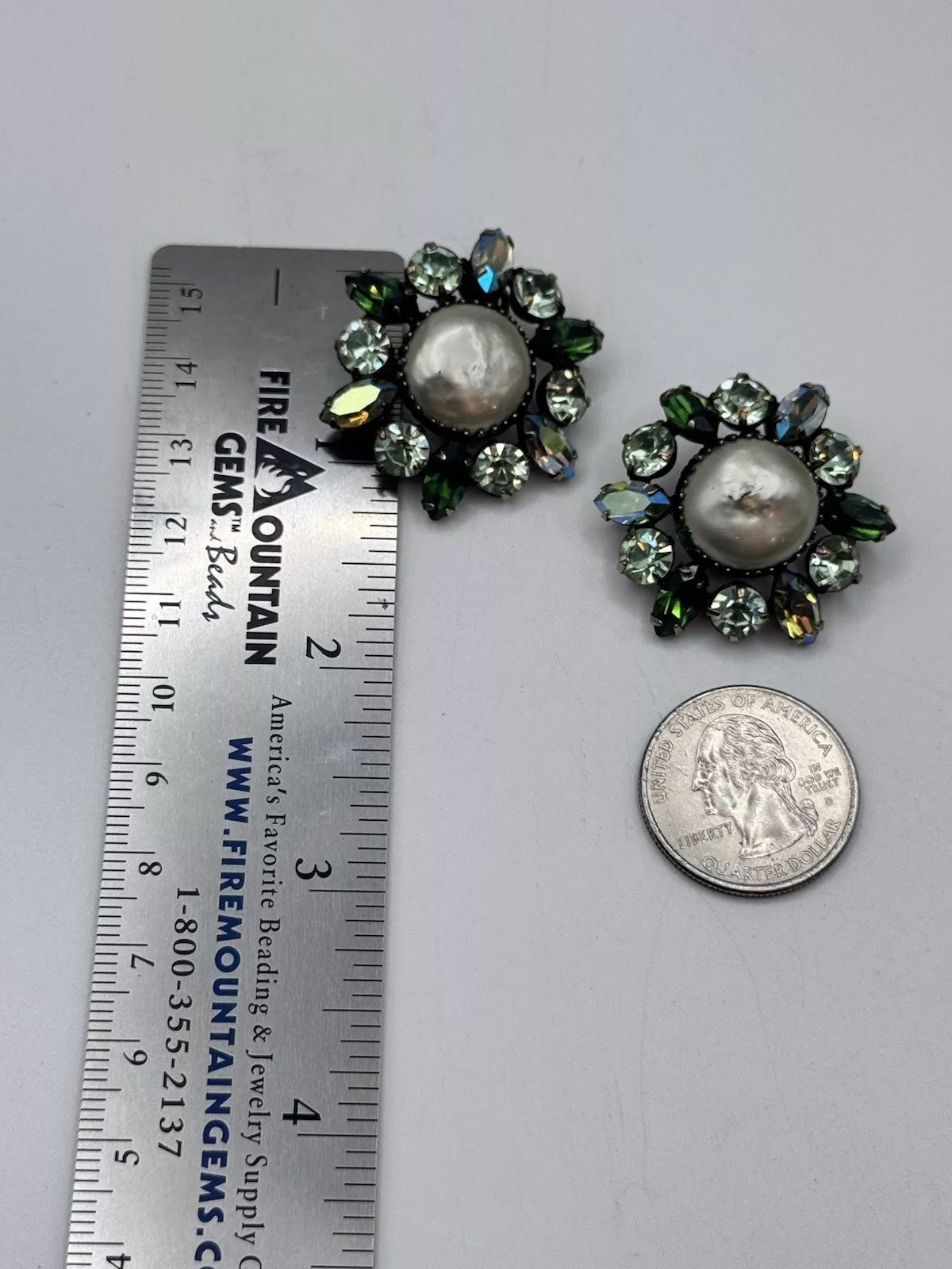 Antique Vintage Blue Rhinestone Clip On Earrings And Gray Baroque Faux Pearl