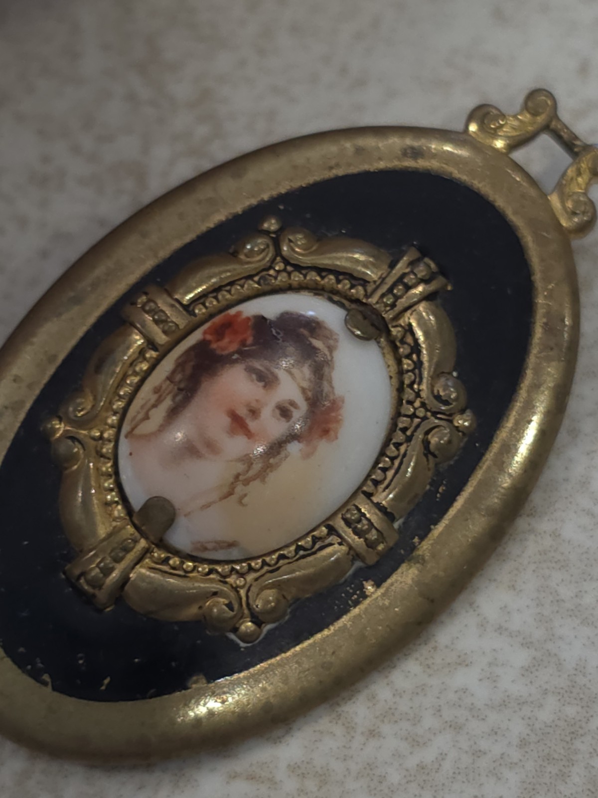 Antique Portrait Art Nouveau Victorian Women Converted Brooch Pin Brass Enamel