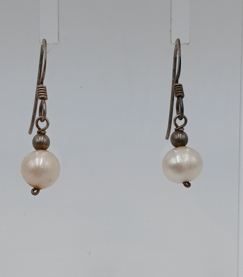 VTG 7mm Pearl Dangle Earrings 1in Drop Sterling Silver French Wire 1.43g Estate