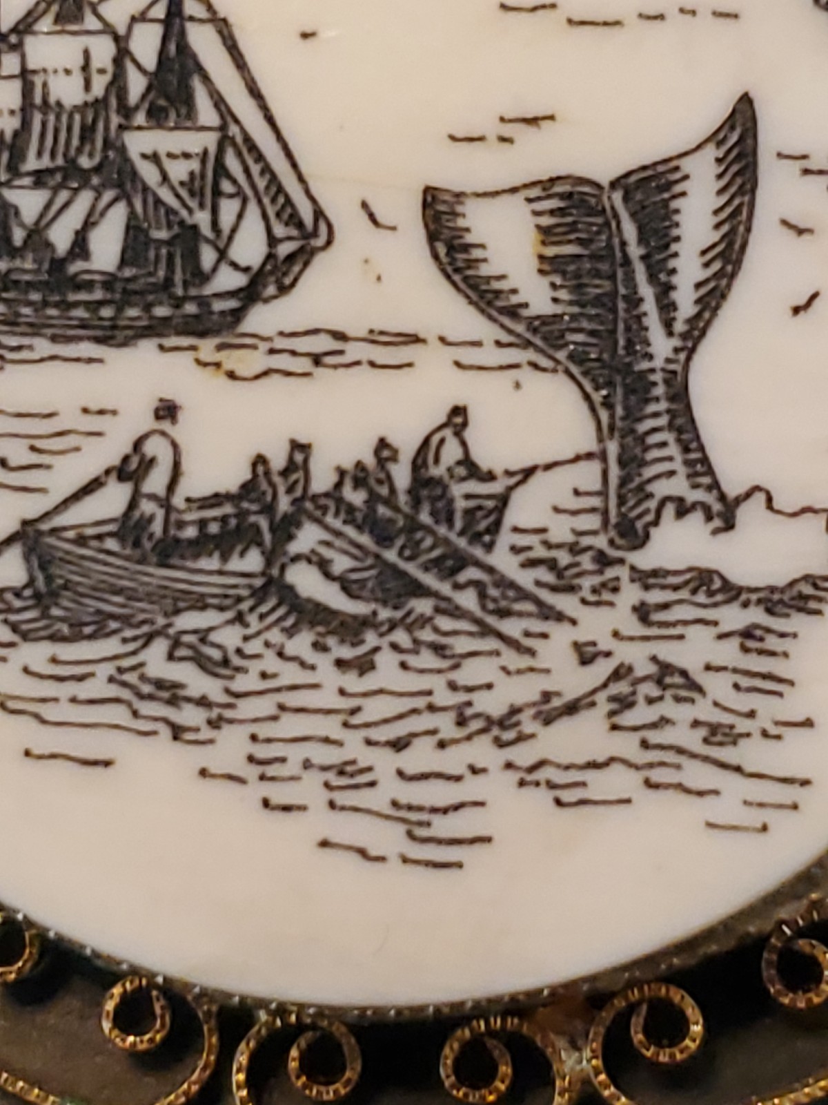 Vintage Scrimshaw Style Whale and Ship Brooch Pendant Gold Tone
