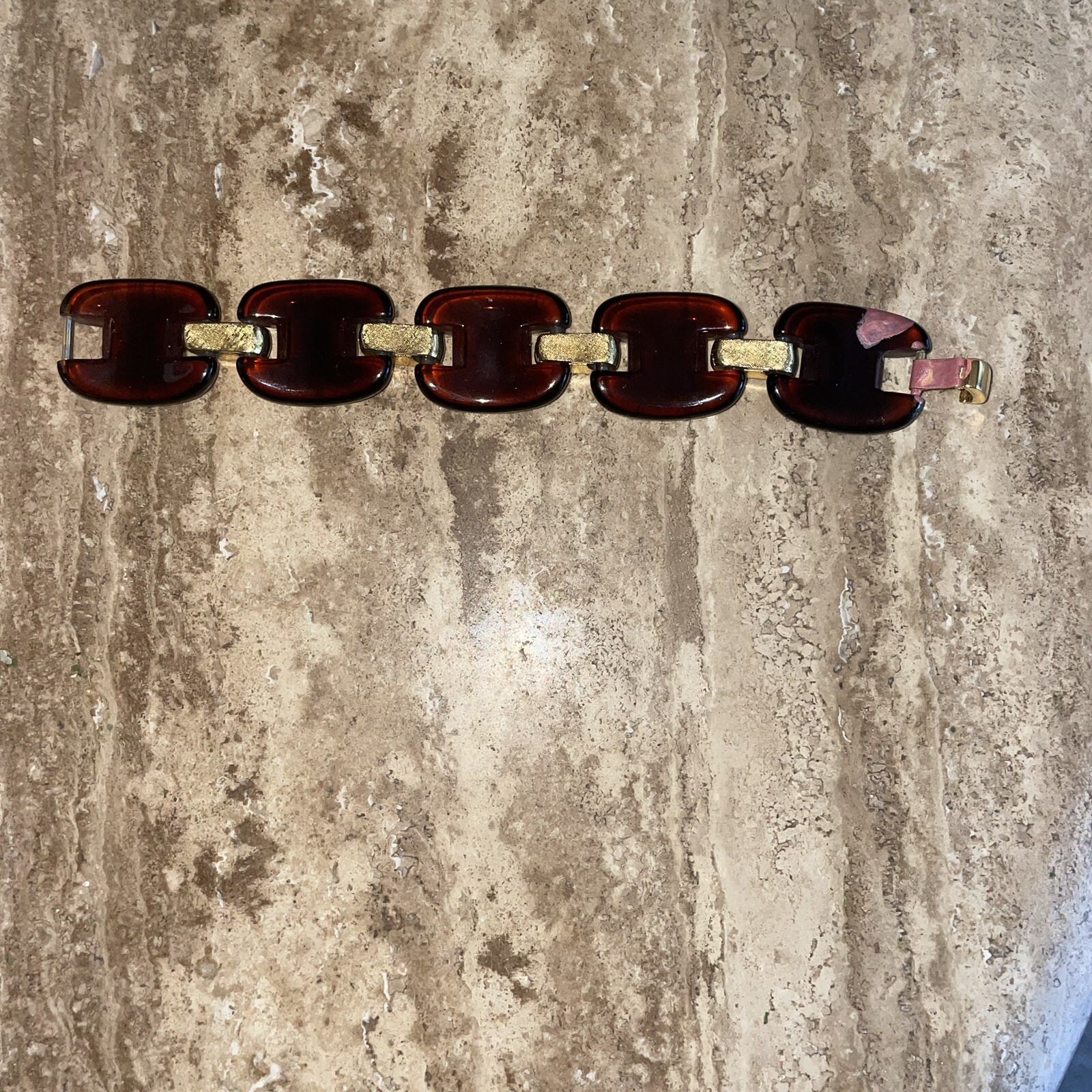 Vintage Bracelet Brown Lucite With Gold Tone Metal
