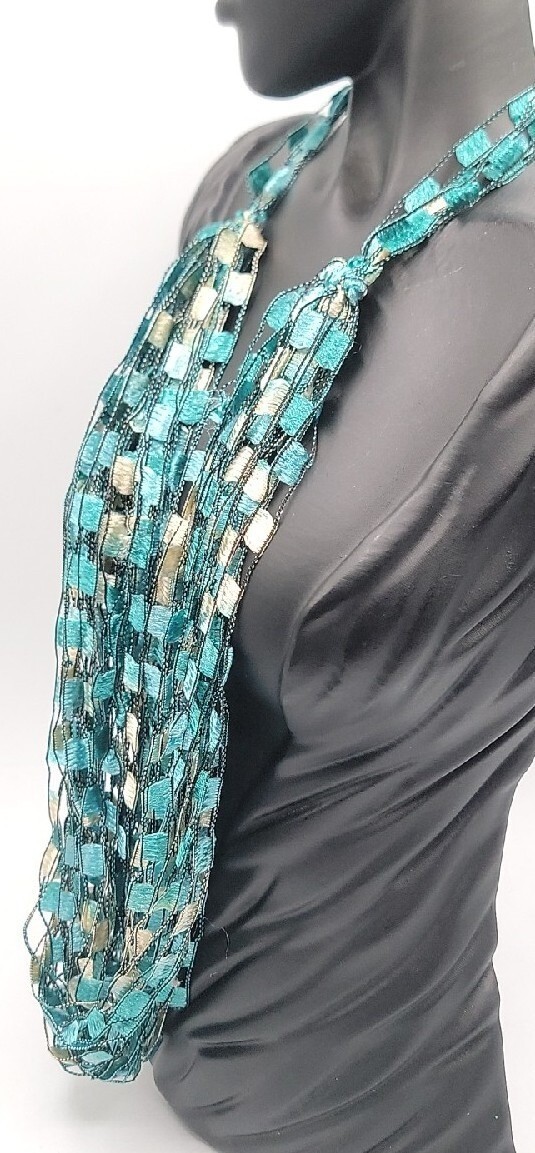 Scarf Ribbon Necklace Turquoise White Block Pattern 24″ Necklace VTG