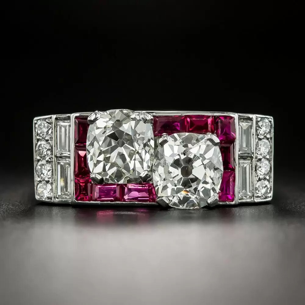 Art Deco 1.52CT Twin Lab Created Diamond & Ruby Engagement Ring In 925 Silver