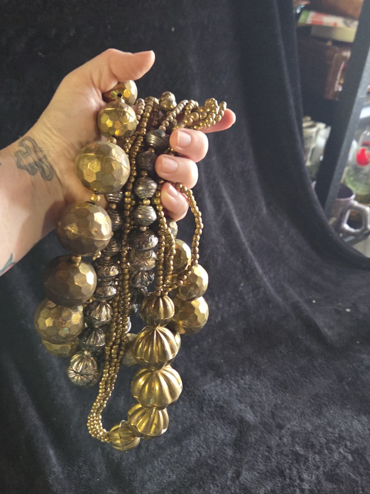 Lot Of 4 Hammered Brass Bead / Silver Necklace 30” Long Graduated Boho Tribal