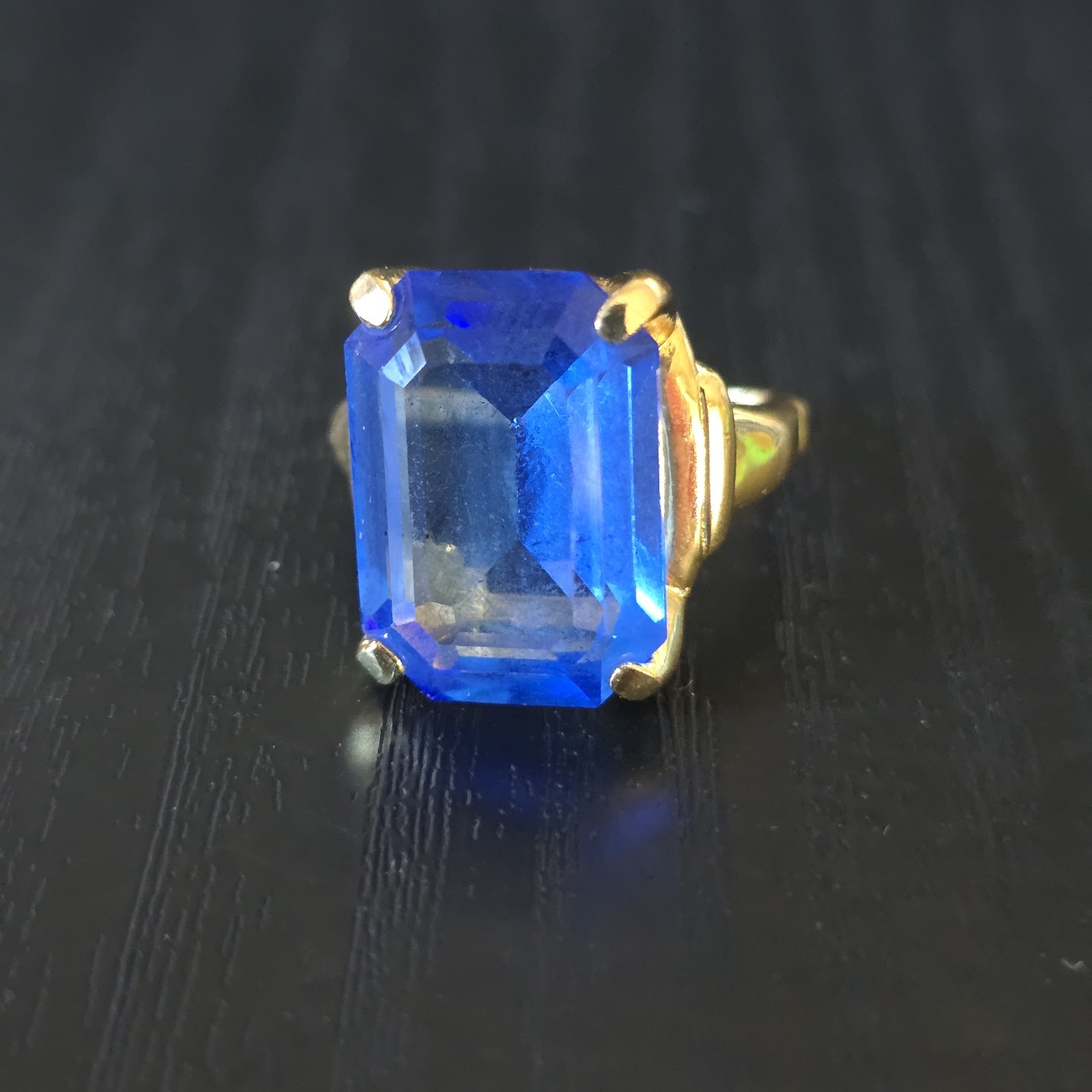 Vintage VENDOME Adjustable Ring Blue Emerald Cut Crystal Cocktail Gold