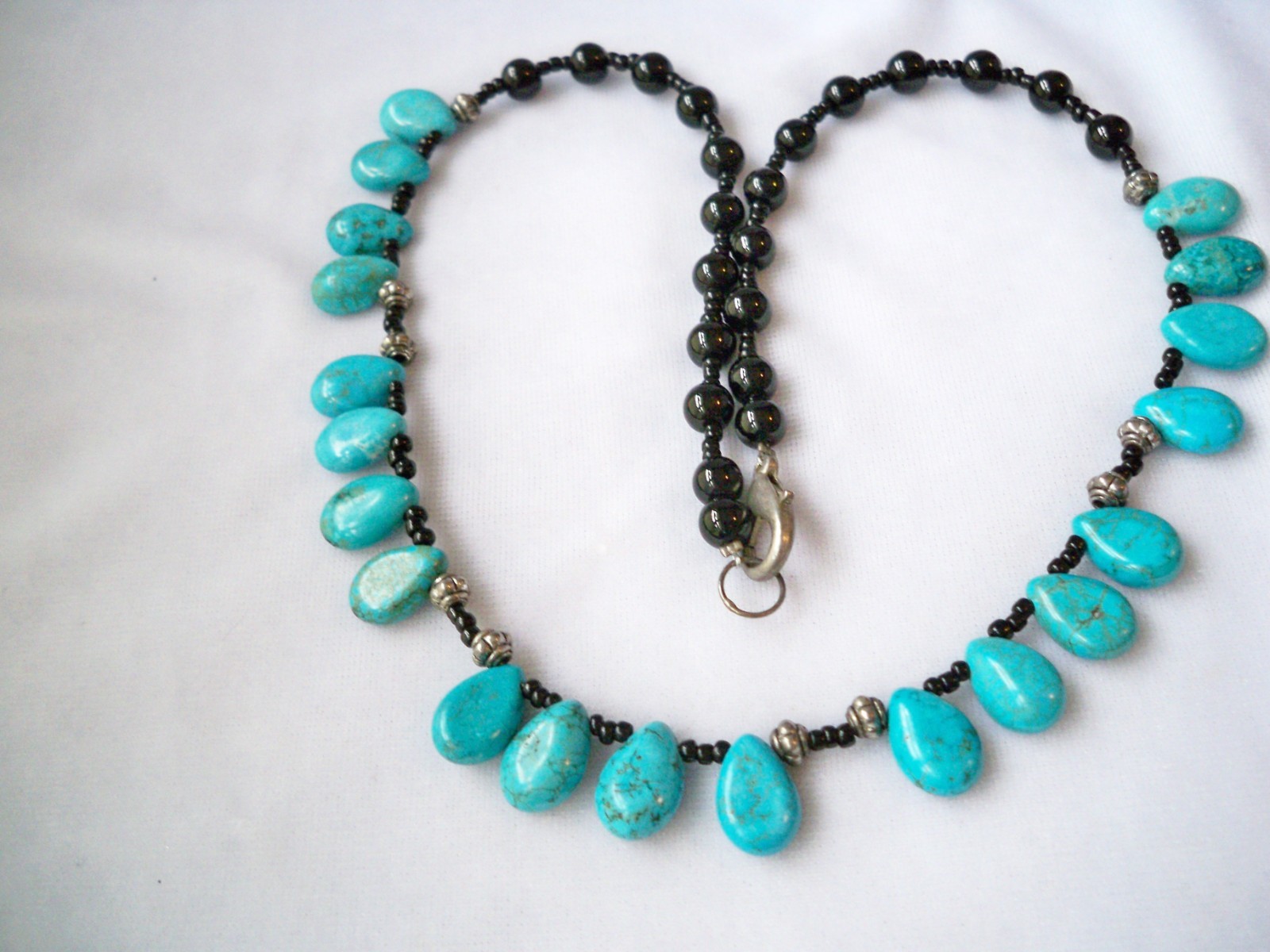 Vintage Black Glass & Turquoise Teardrop Fringe Beaded Bib Necklace