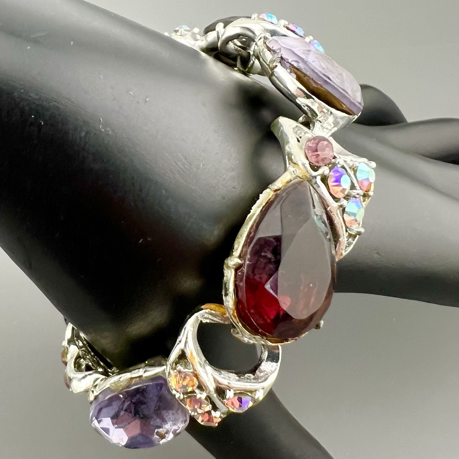 Vintage AB Rhinestone Bracelet Purple Red Link Statement Silver Tone 6.75”
