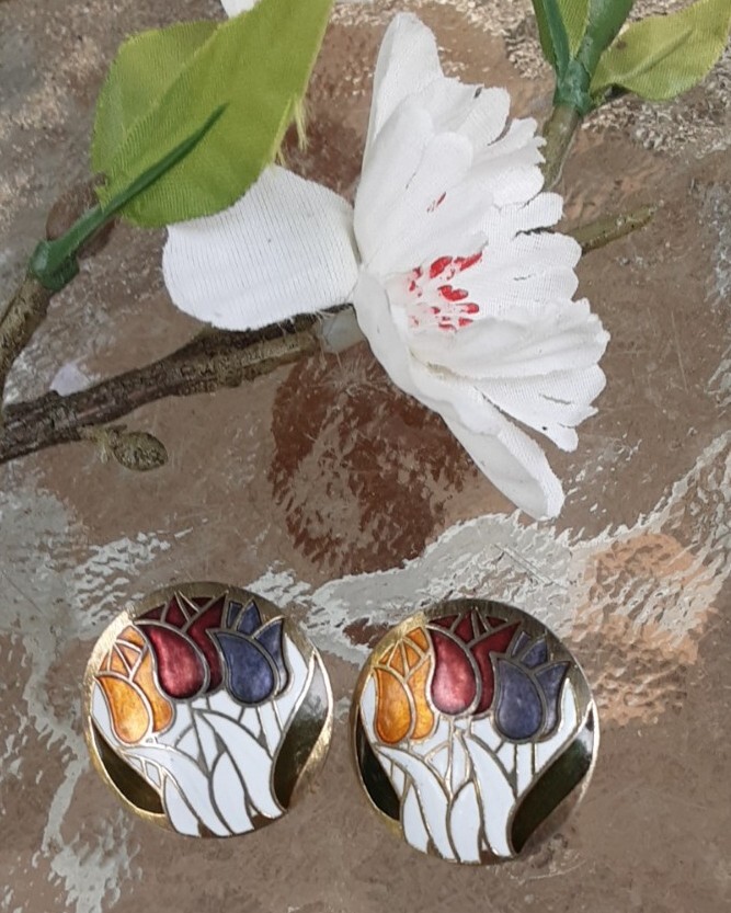 Earring Goldtone Orange Red Green Purple White Cloisonne Tulips Flower Pierce