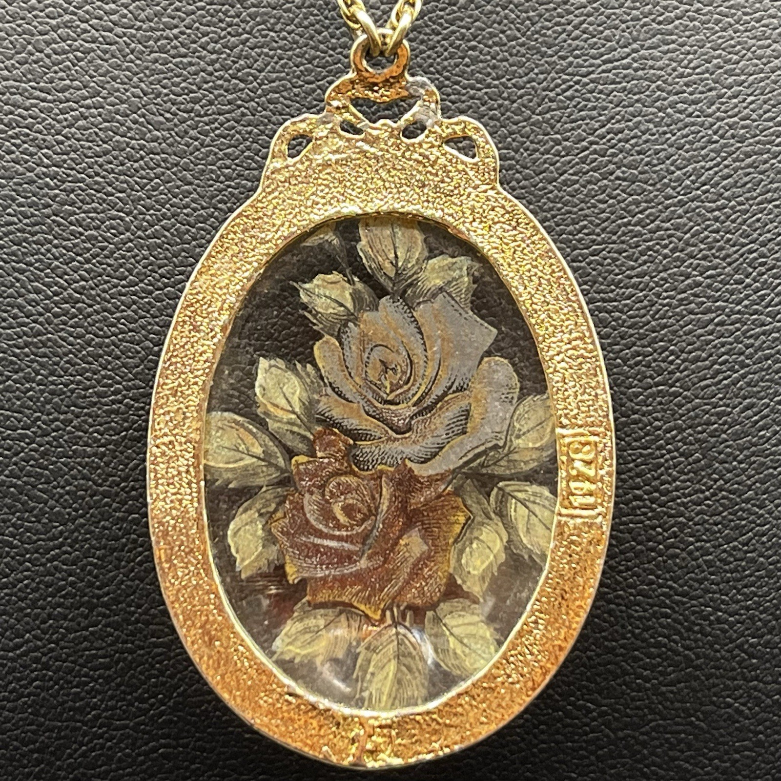 1928 Jewelry Victorian Style Rose Pendant Necklace Gold Tone Glass *READ NOTES
