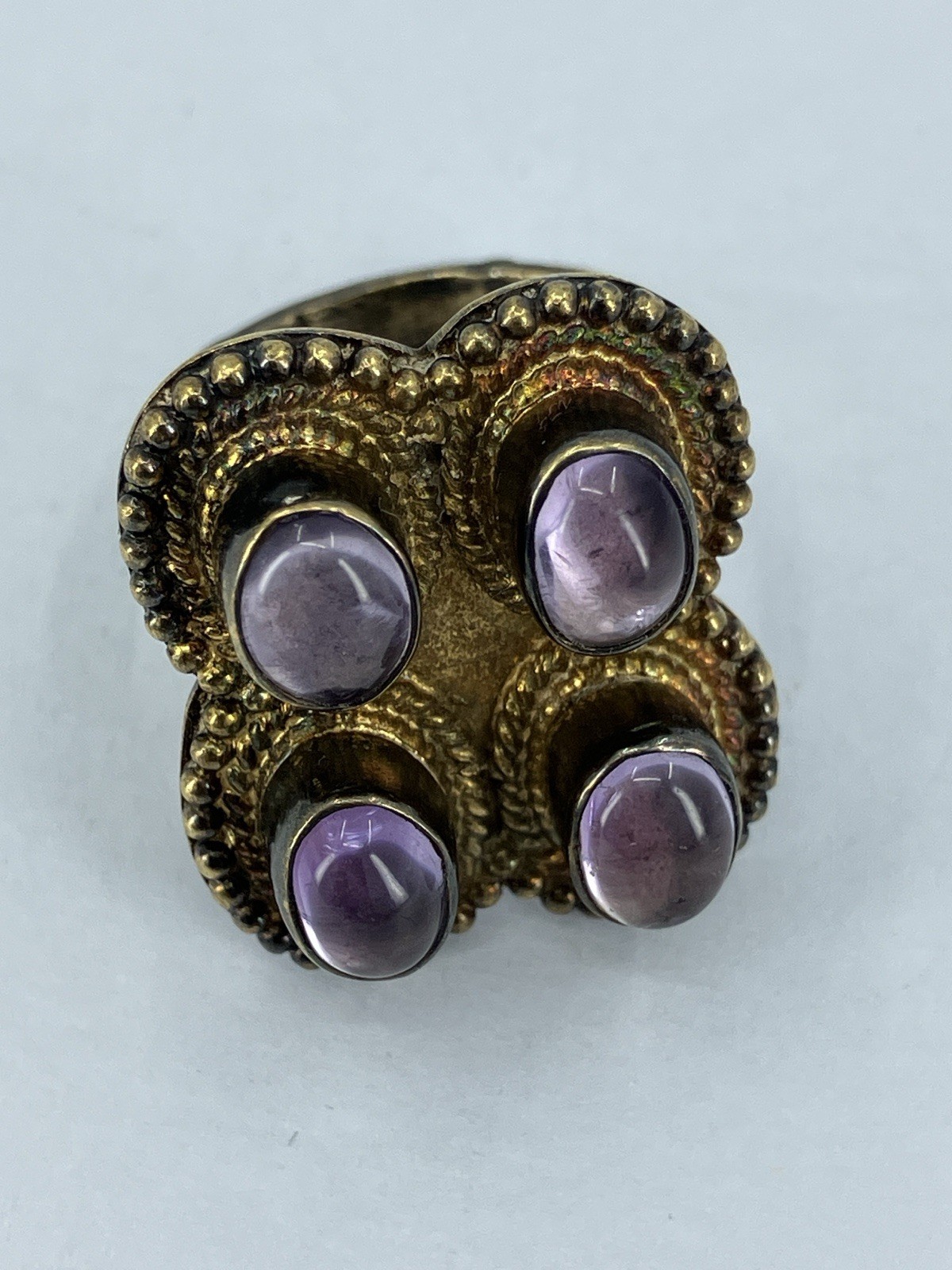 Vintage Sterling Amethyst Ring Boho Cabochon Cluster Gold Wash Silver 925