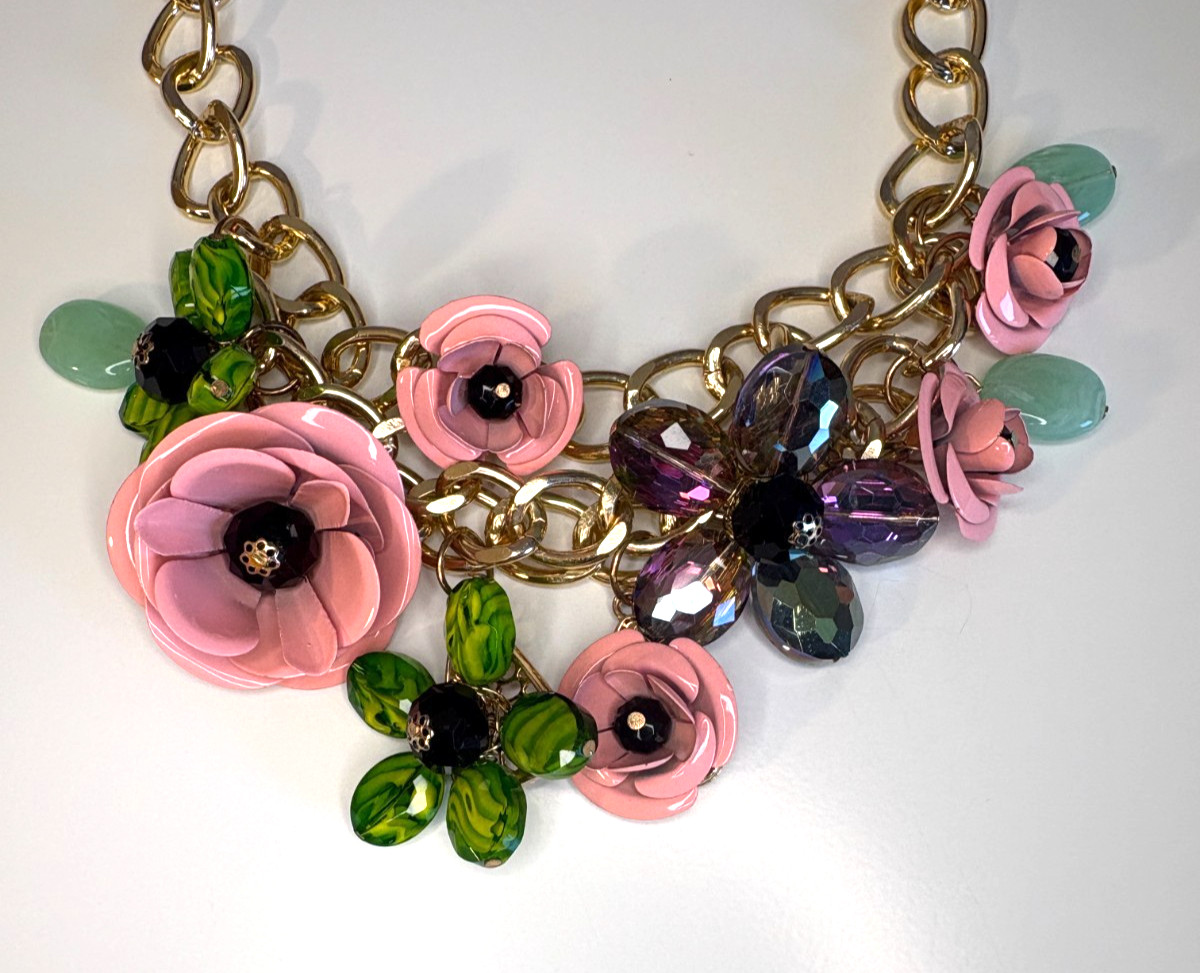 Unique Spring Statement Pink, Green, Purple Flowers Metal & Resin Necklace