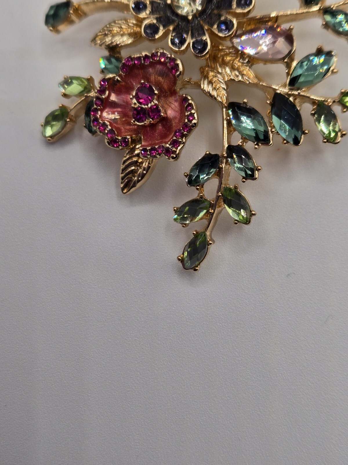 Napier Flower Brooch Gold Tone Enamel Green White Pink Purple Stones