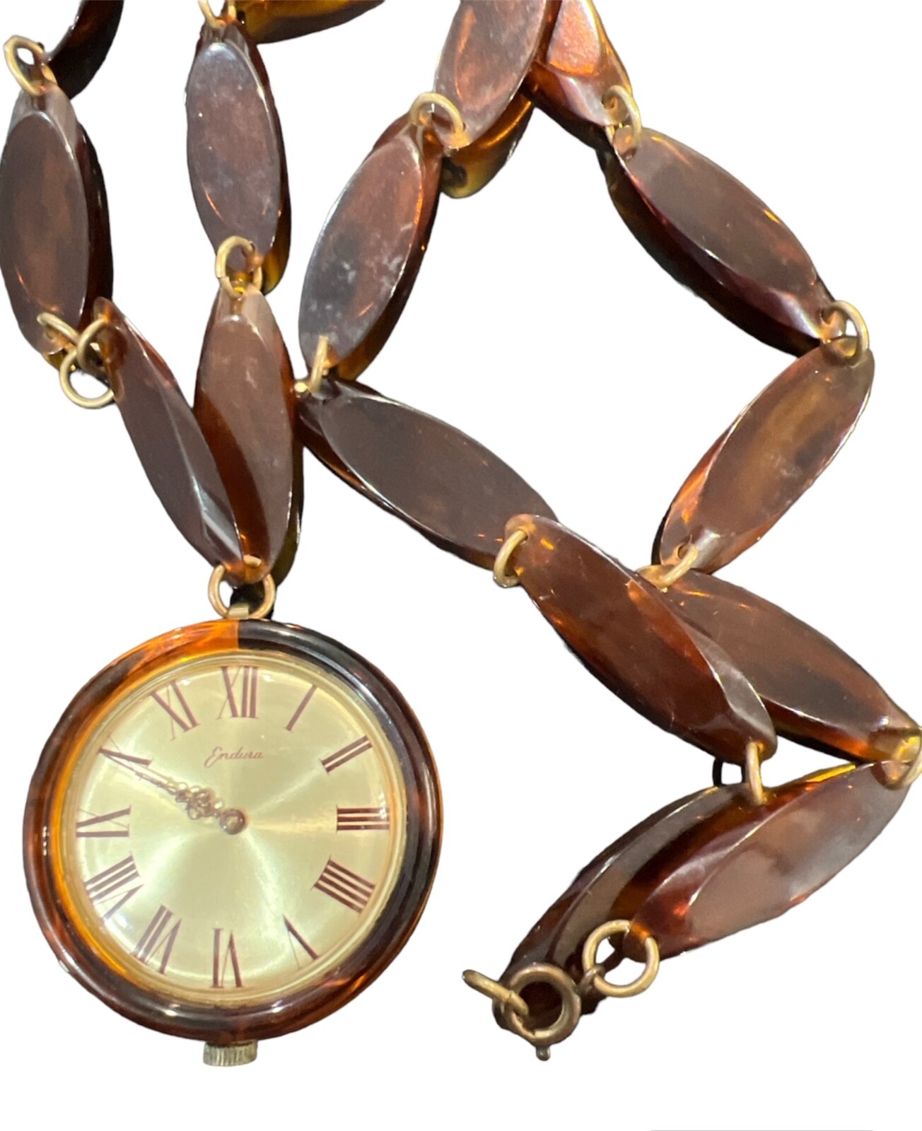 Vintage Bakelite Watch Pendant Faux Tortoise Necklace MCM Endura Self Winding