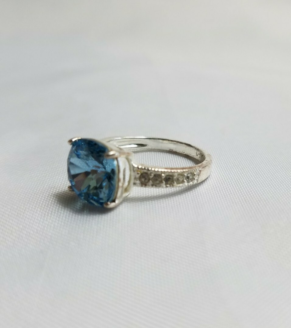 Vintage Women Silver Tone Blue Jewel One Stone Fashion Daily Engagement Ring