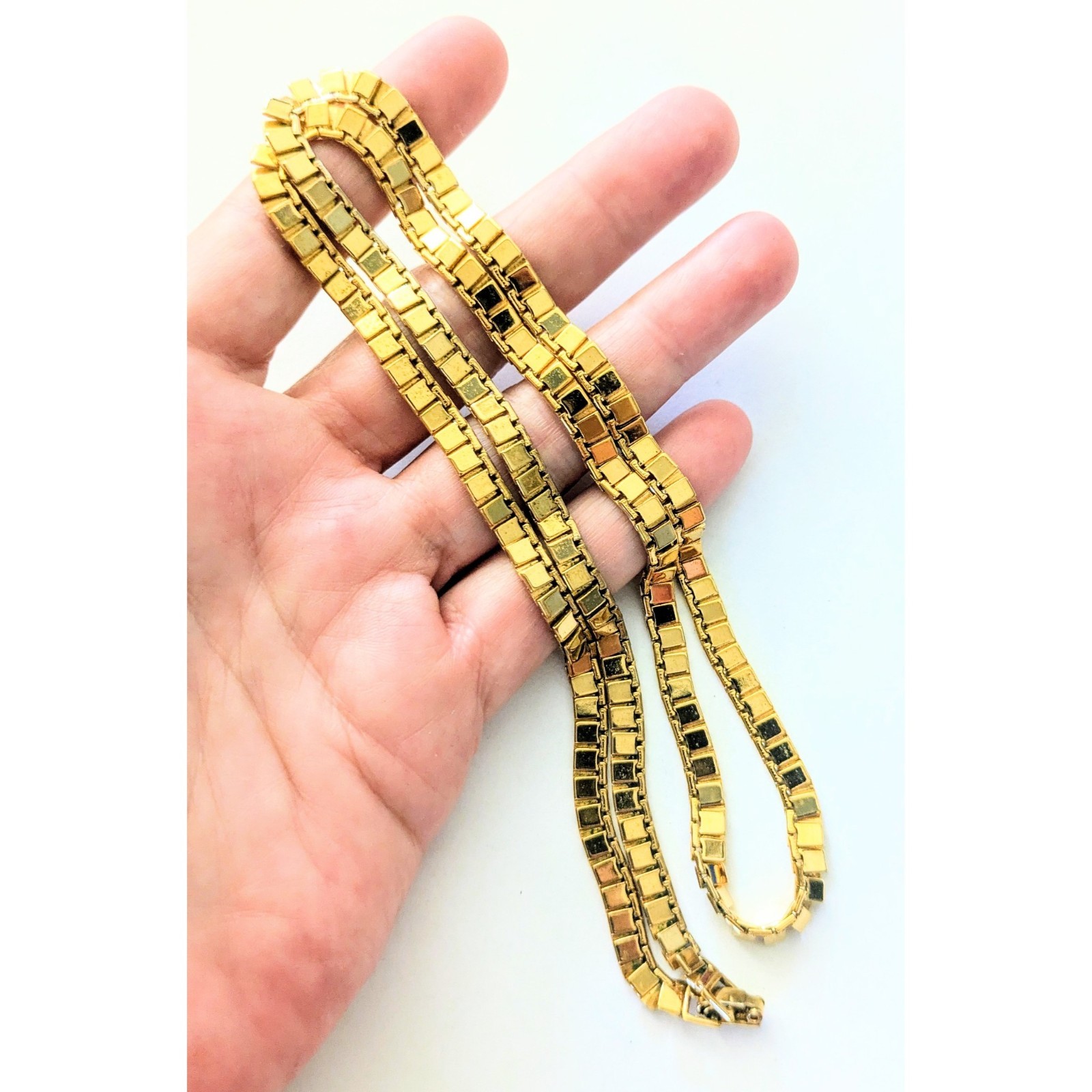 70s Vintage MONET Necklace Gold Plated Flat Square Articulated Link Chain 24″