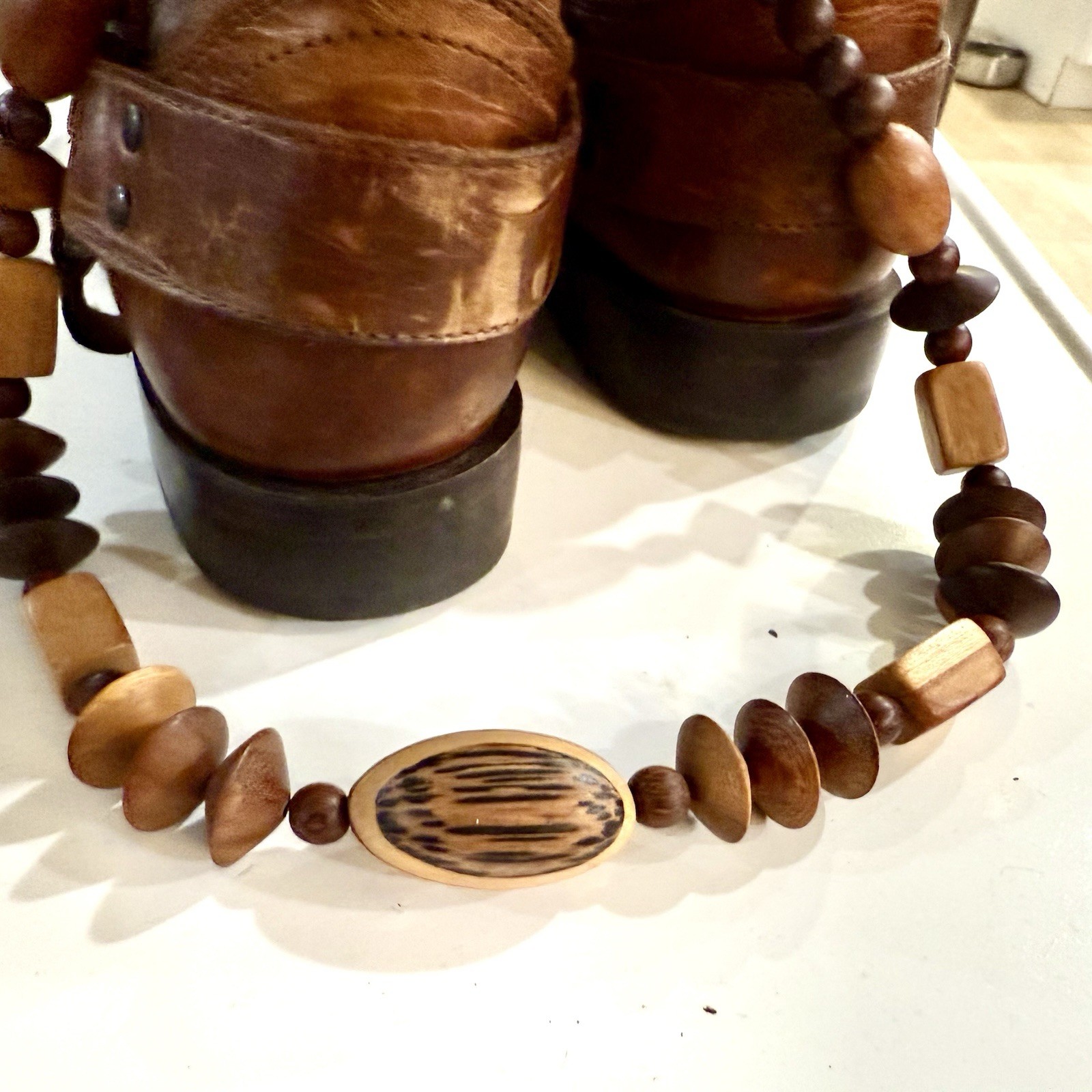 Vintage Carved Wood Beaded Necklace Bohemian Chunky Statement Barrel Clasp 27”
