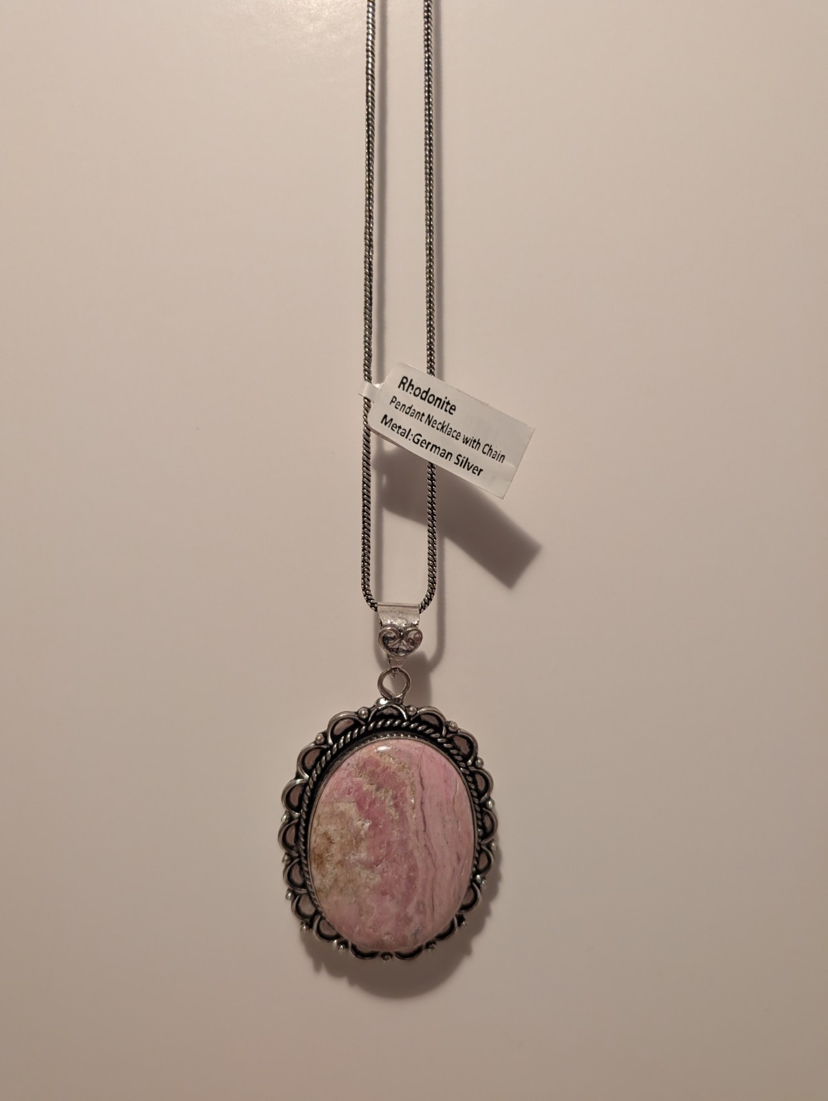 Vintage 2″ Rhodanite Pendant 18″ German Silver Necklace