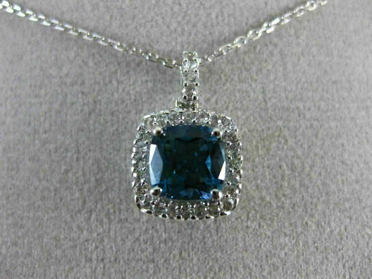 ESTATE 2.27CT AAA LONDON BLUE TOPAZ & WHITE SAPPHIRE 14K WHITE GOLD HALO PENDANT