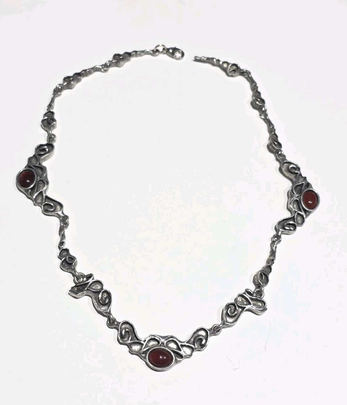 Vintage Brutalist Organic Pewter Necklace Red Cabochon Mid Century Modernist