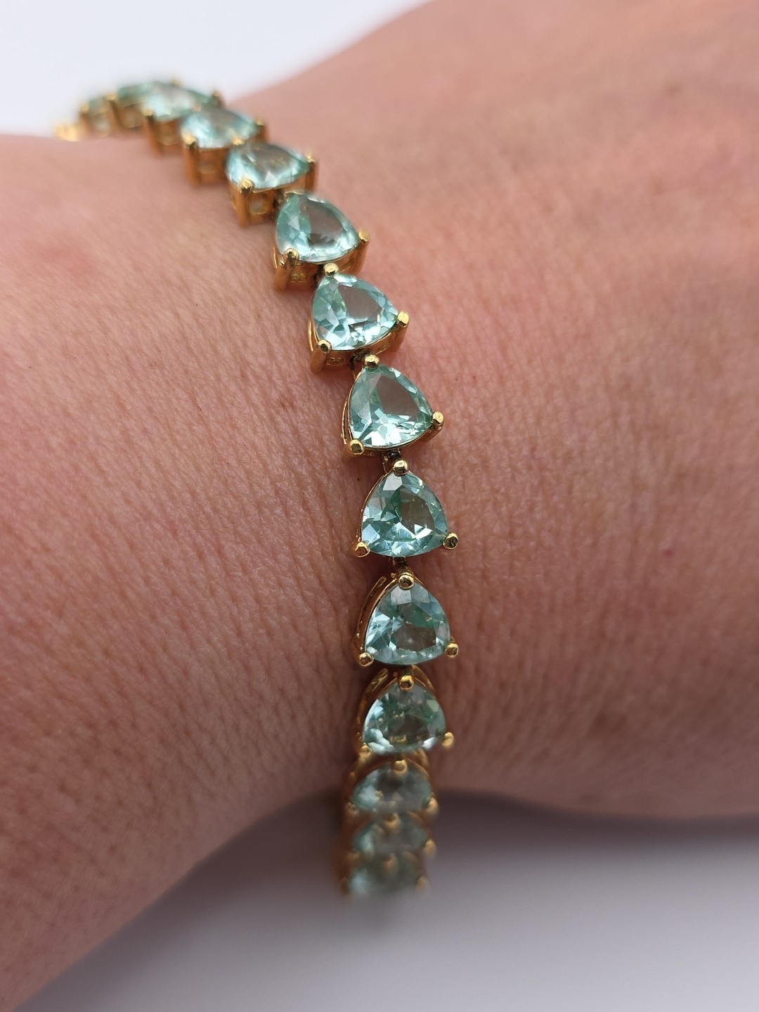 Aqua Blue Green Gold Vermeil Trillion Cut Faux Aquamarine Tennis Bracelet 6.75″