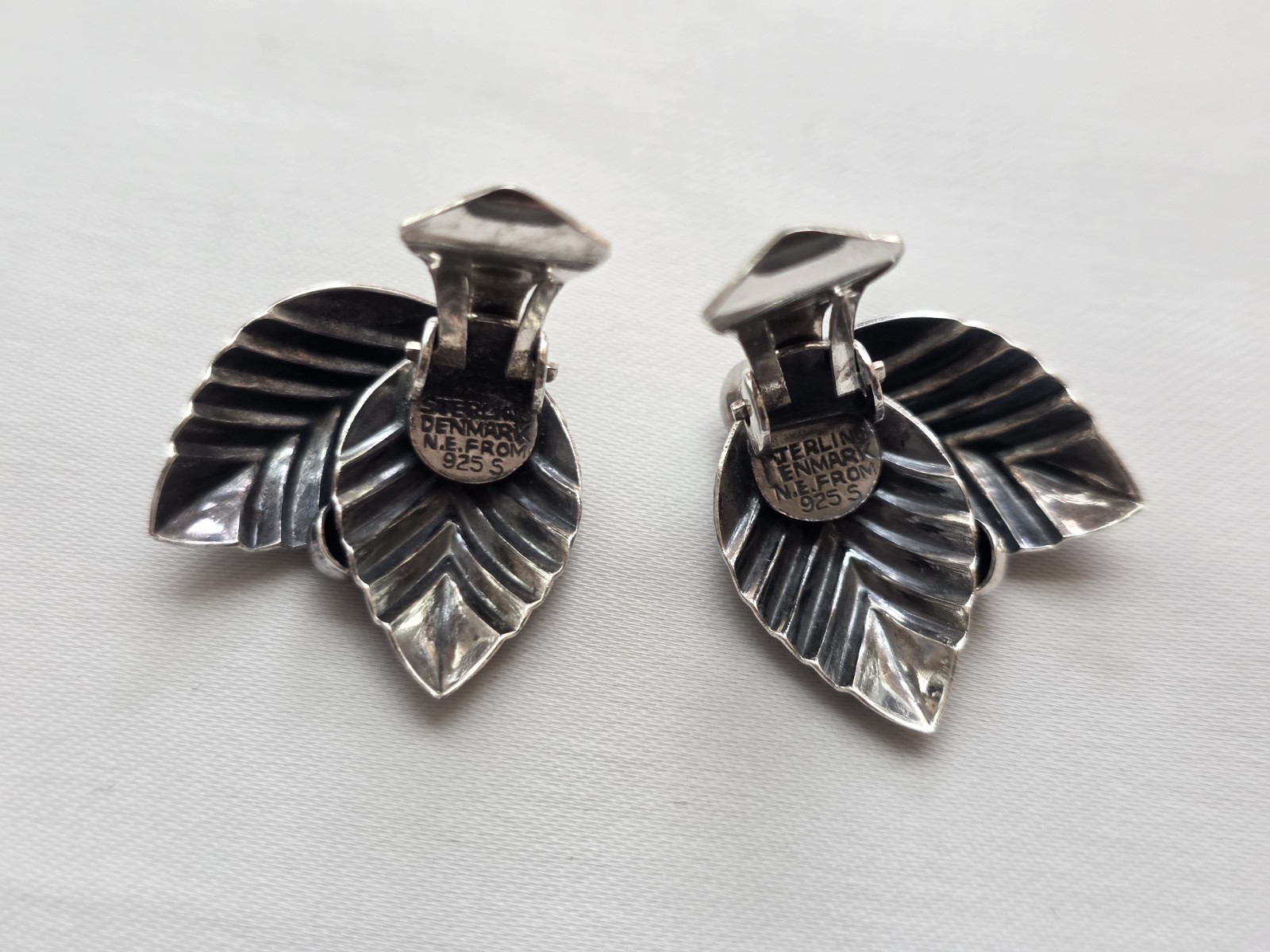 Vintage Signed N.E. From Danish 925 Silver Leaf Earrings MCM Denmark Clip On