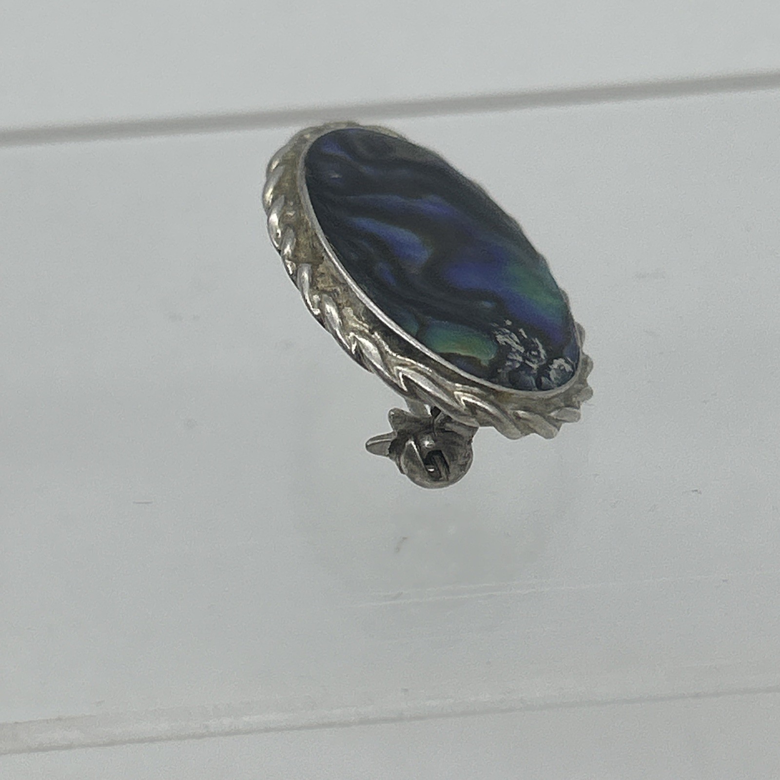 Vintage Paua Shell Sterling Silver Brooch 925 Oval Abalone Mother Of Pearl
