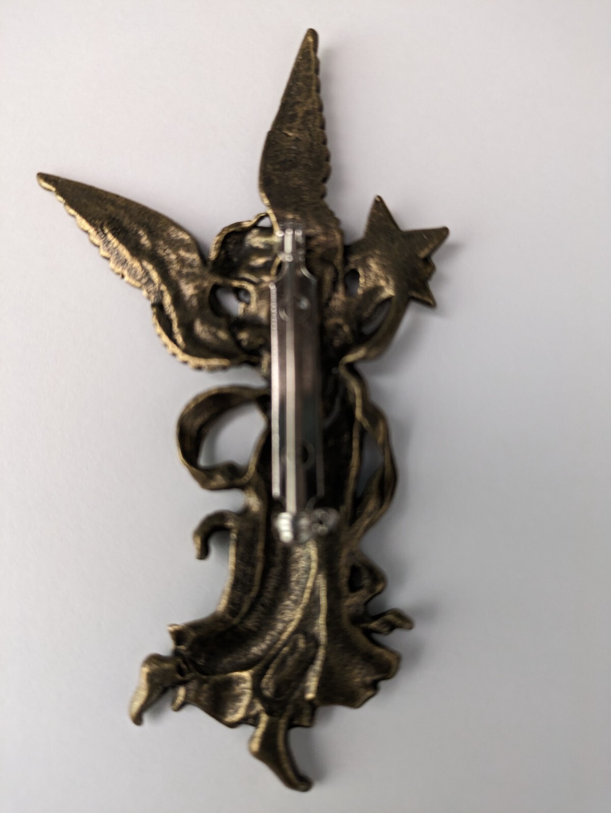Vintage Angel Carrying Star Pin Brooch Gold Tone with 1 Glass Rhinestone 3.3 In