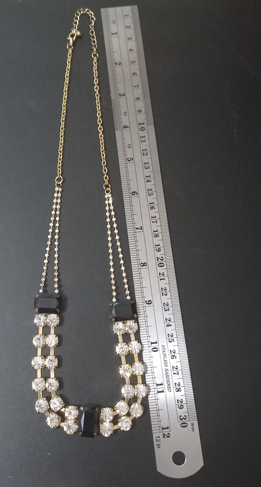 Vintage Gold Tone Clear Rhinestone & Black Emerald-Cut Stone Statement Necklace