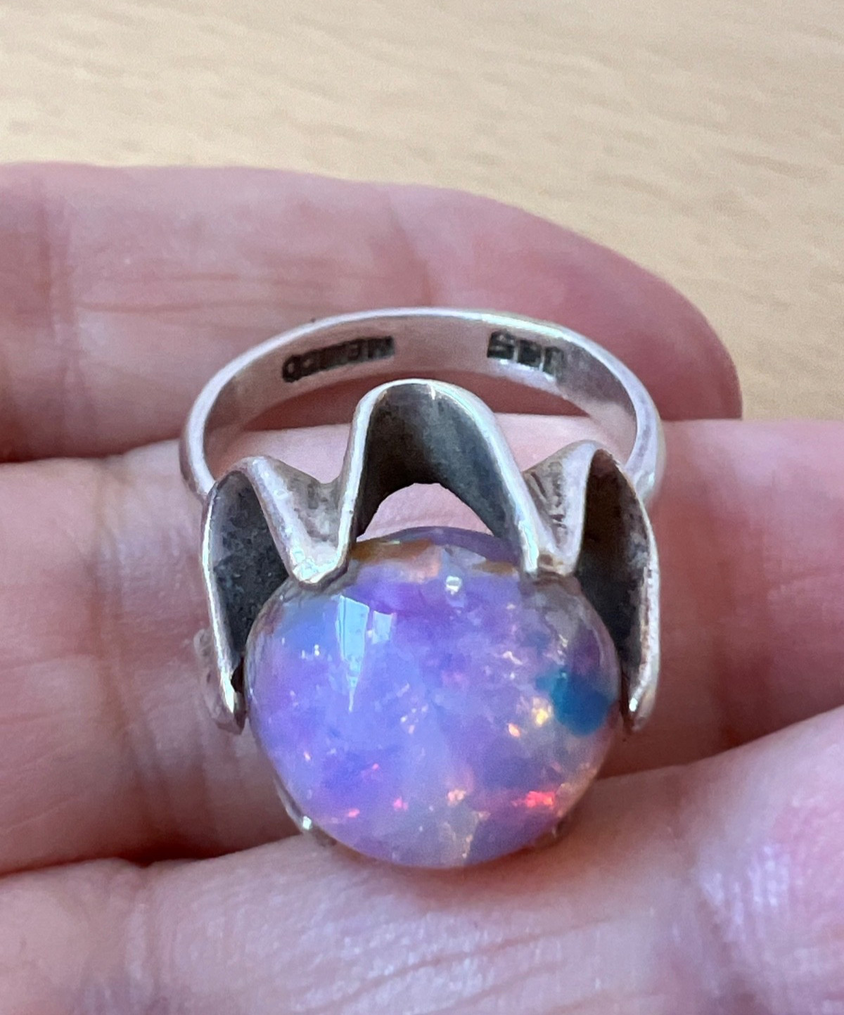 VINTAGE LARGE ROUND CABOCHON FAUX RAINBOW OPAL RING 925 STERLING SLVER MEXICO